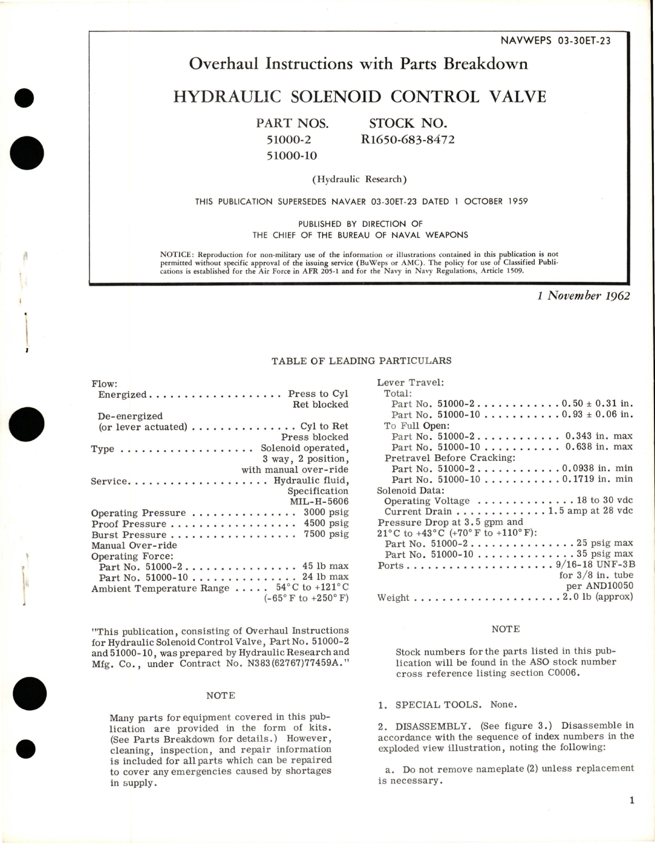 Sample page 1 from AirCorps Library document: Overhaul Instructions with Parts Breakdown for Hydraulic Solenoid Control Valve - Parts 51000-2 and 51000-10