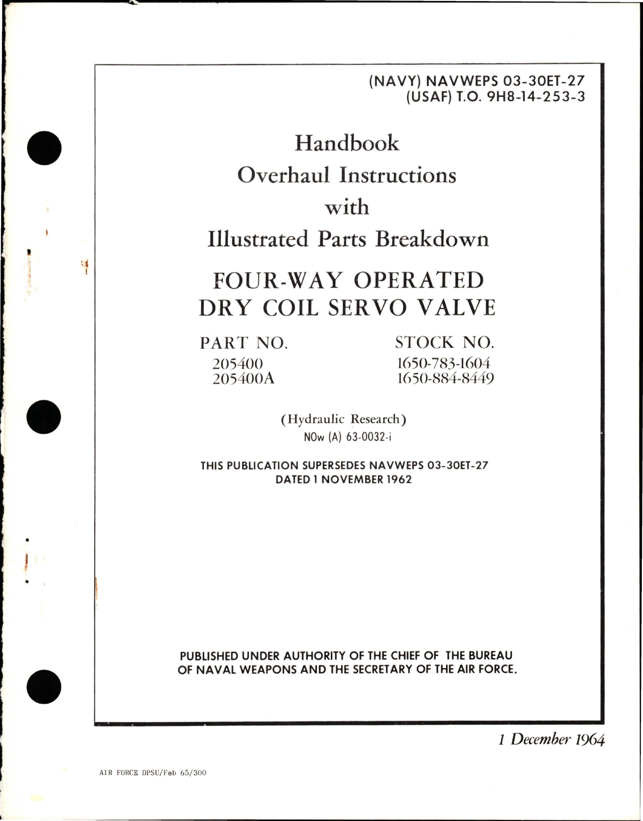 Sample page 1 from AirCorps Library document: Overhaul Instructions with Illustrated Parts for Four-Way Operated Dry Coil Servo Valve - Parts 205400 and 205400A