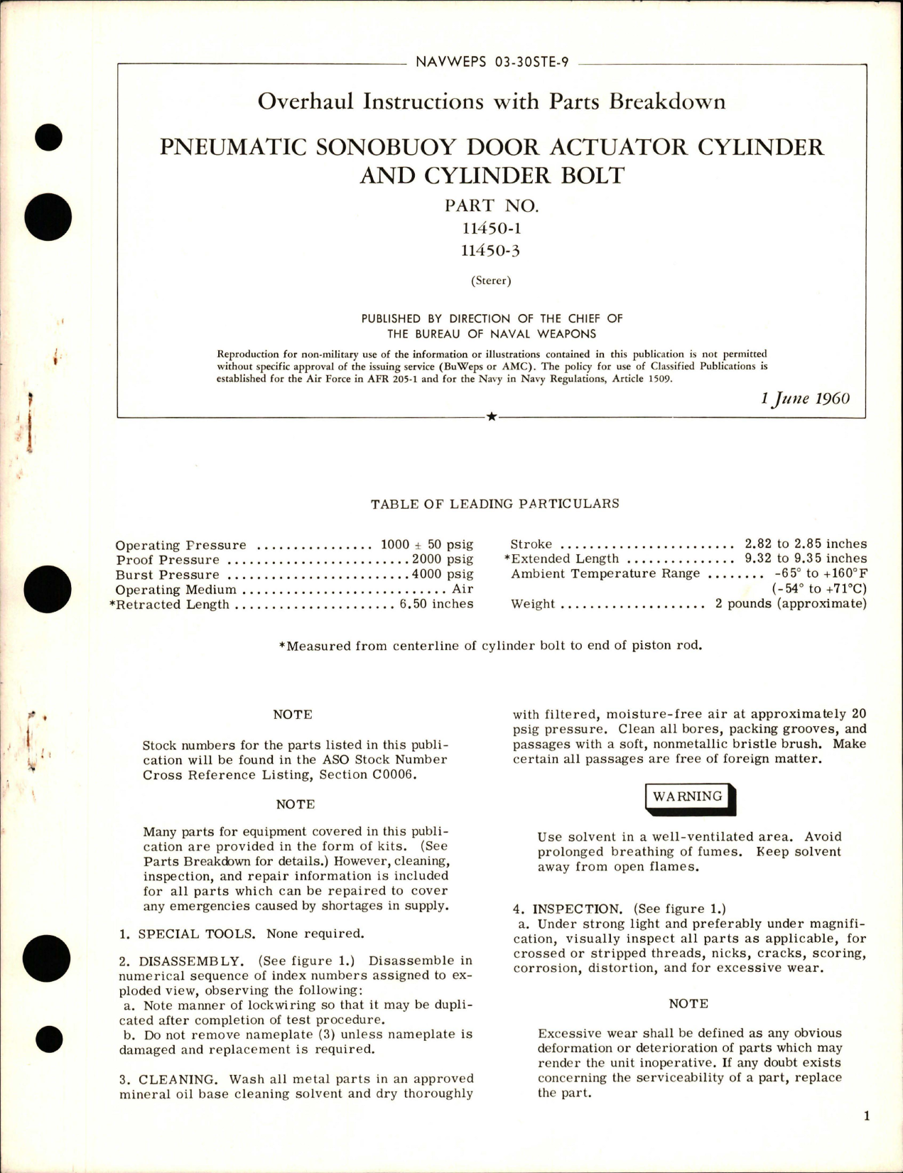 Sample page 1 from AirCorps Library document: Overhaul Instructions with Parts Breakdown for Pneumatic Sonobuoy Door Actuator Cylinder & Cylinder Bolt - Part 11450-1 and 11450-3