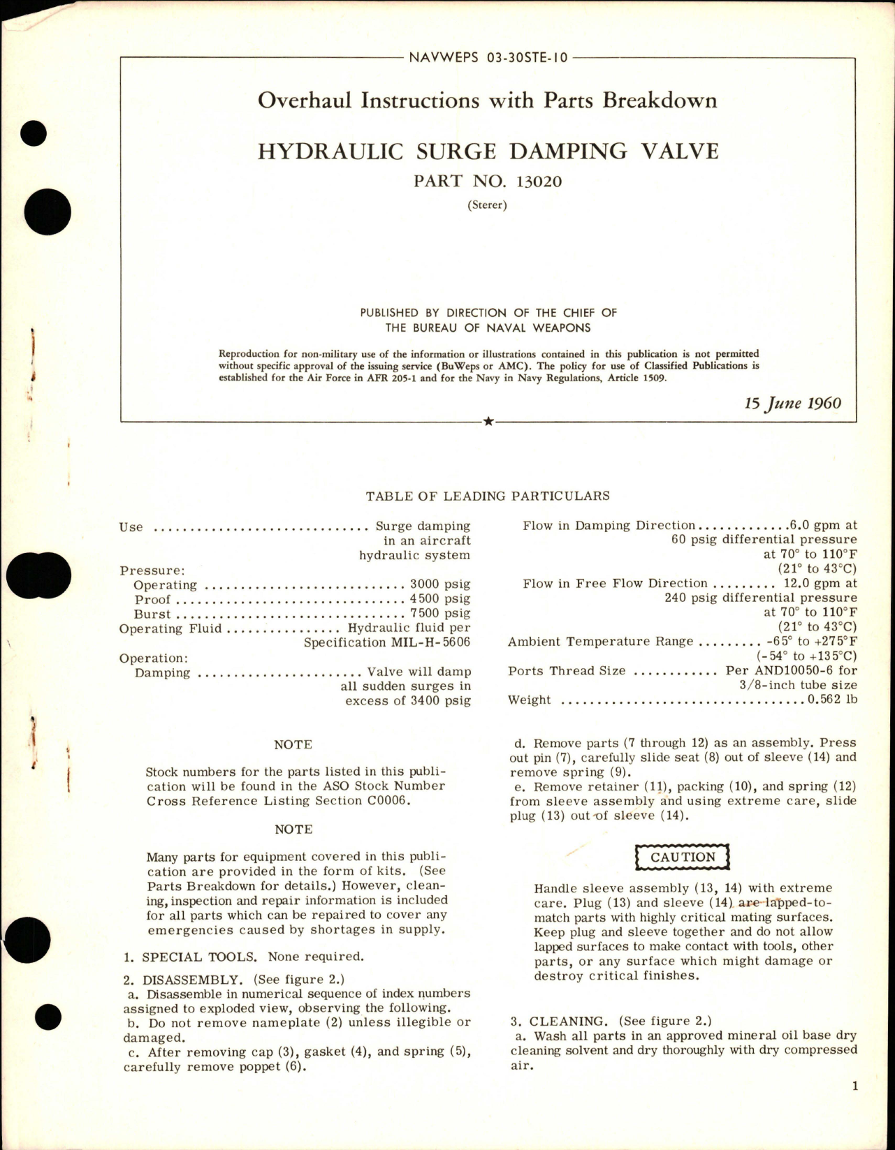 Sample page 1 from AirCorps Library document: Overhaul Instructions with Parts Breakdown for Hydraulic Surge Damping Valve - Part 13020 