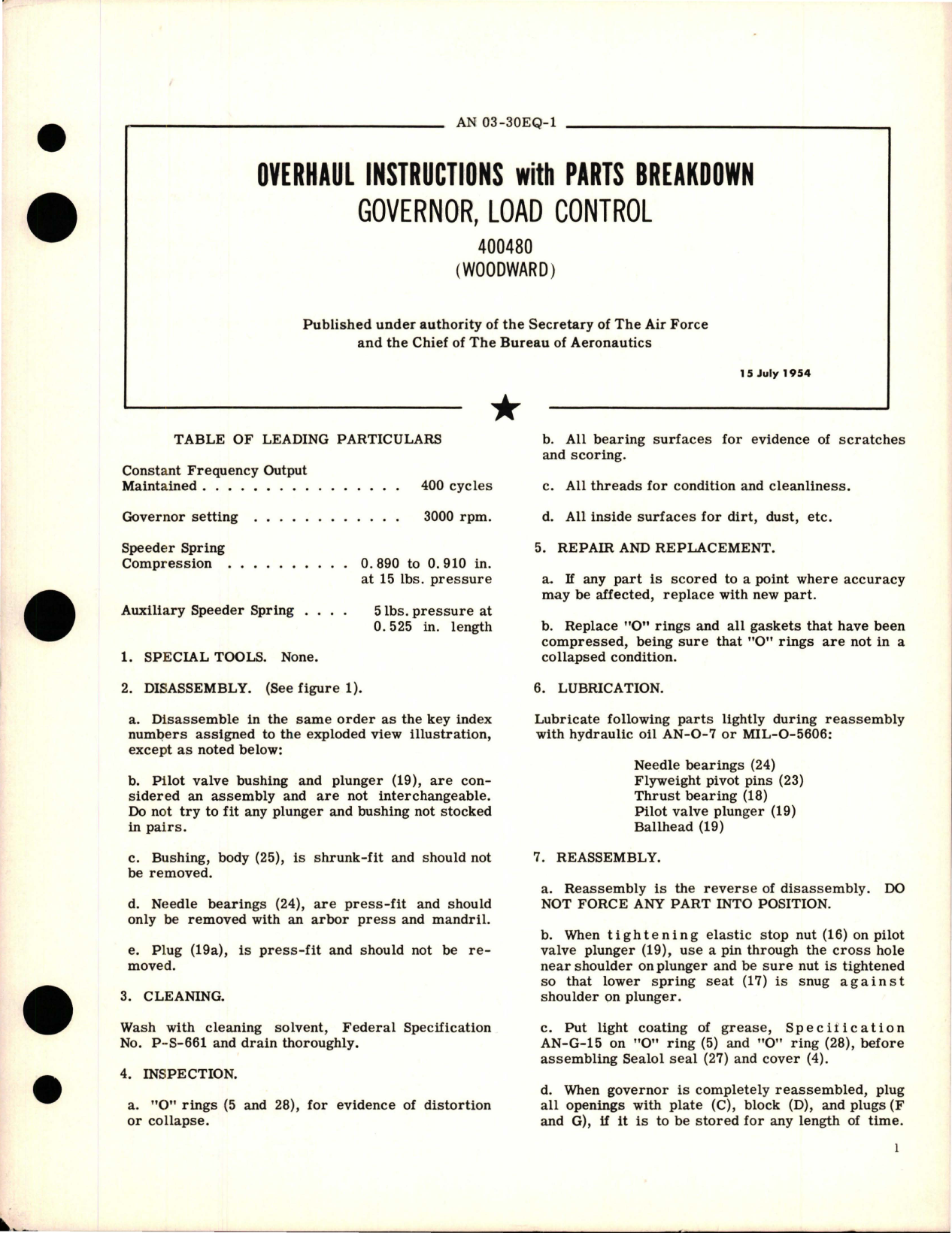 Sample page 1 from AirCorps Library document: Overhaul Instructions with Parts Breakdown for Load Control Governor - 400480