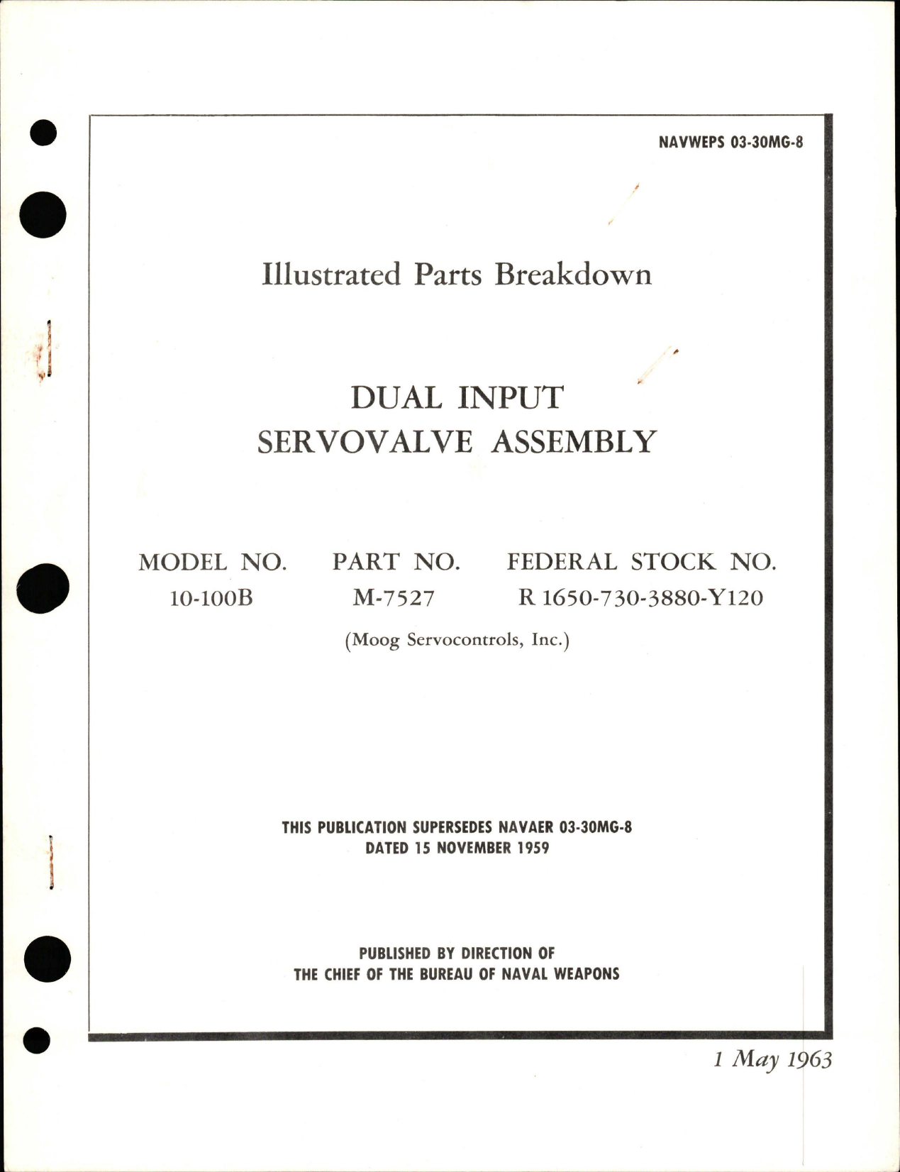 Sample page 1 from AirCorps Library document: Illustrated Parts Breakdown for Dual Input Servovalve Assembly - Model 10-100B - Part M-7527