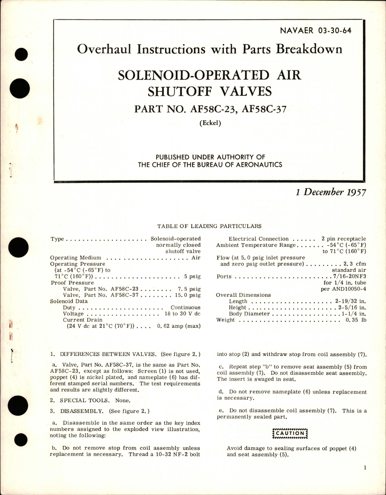 Sample page 1 from AirCorps Library document: Overhaul Instructions with Parts Breakdown for Solenoid-Operated Air Shutoff Valves - Parts AF58C-23 and AF58C-37 