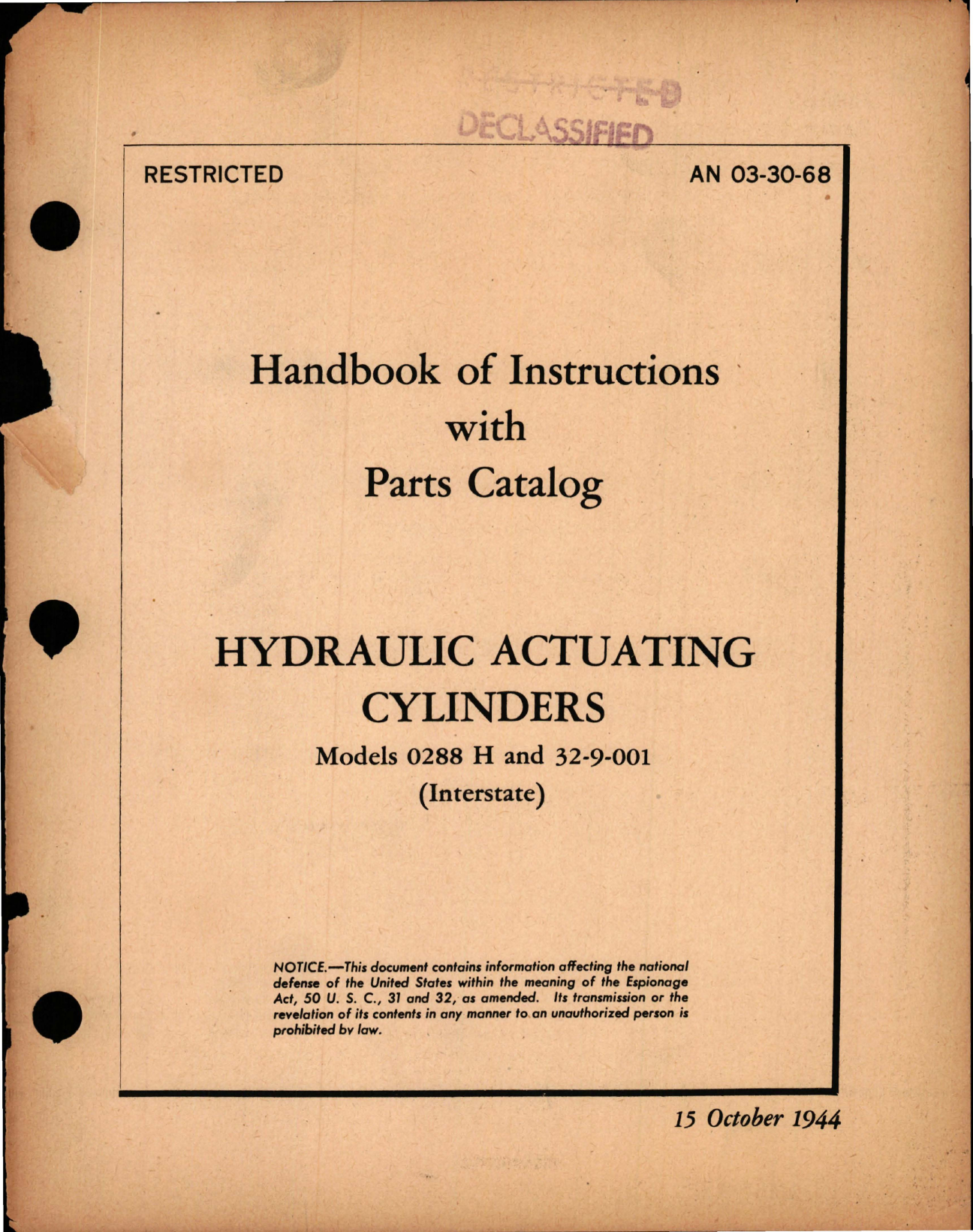Sample page 1 from AirCorps Library document: Instructions with Parts Catalog for Hydraulic Actuating Cylinders - Models 0288 H and 32-9-001