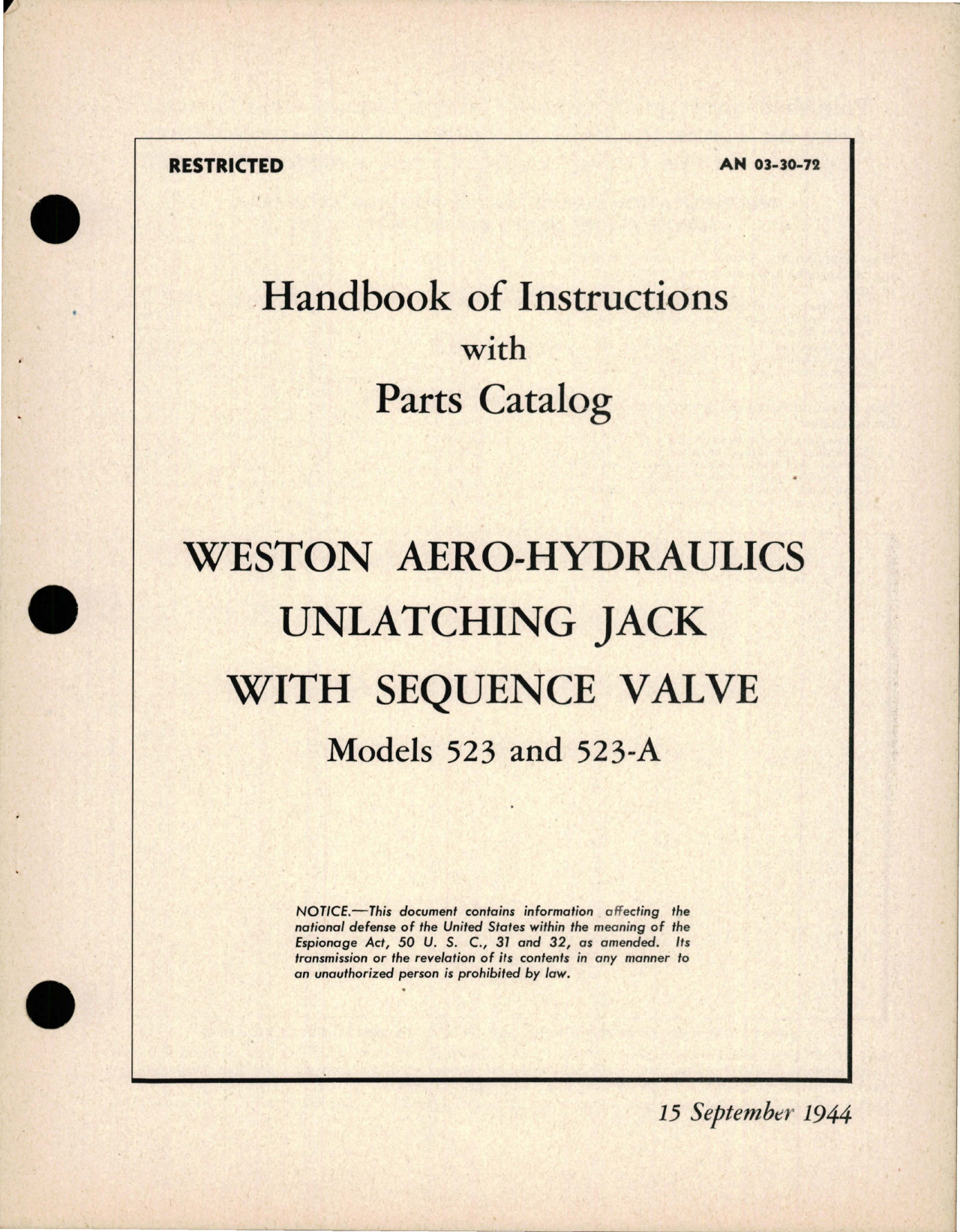 Sample page 1 from AirCorps Library document: Instructions with Parts Catalog for Weston Aero-Hydraulics Unlatching Jack with Sequence Valve - Models 523, 523-A