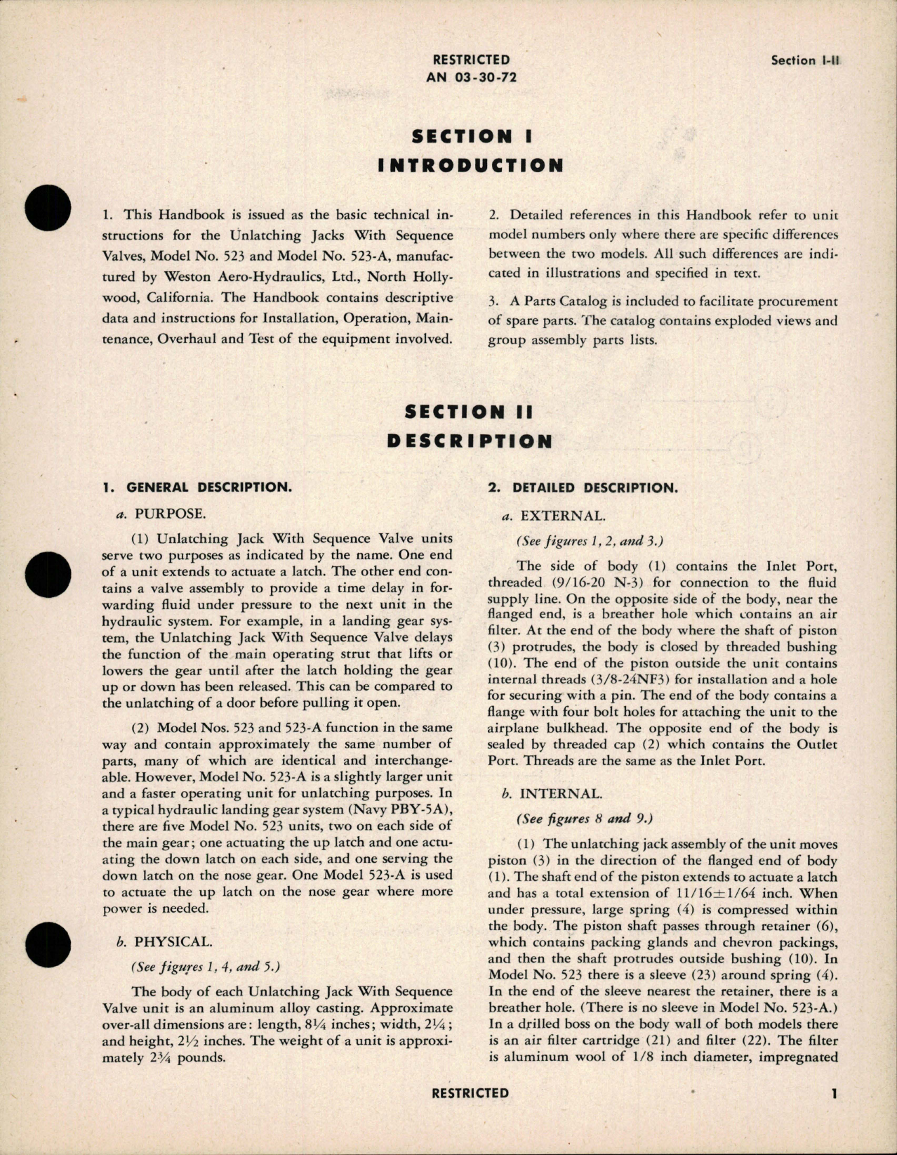 Sample page 5 from AirCorps Library document: Instructions with Parts Catalog for Weston Aero-Hydraulics Unlatching Jack with Sequence Valve - Models 523, 523-A