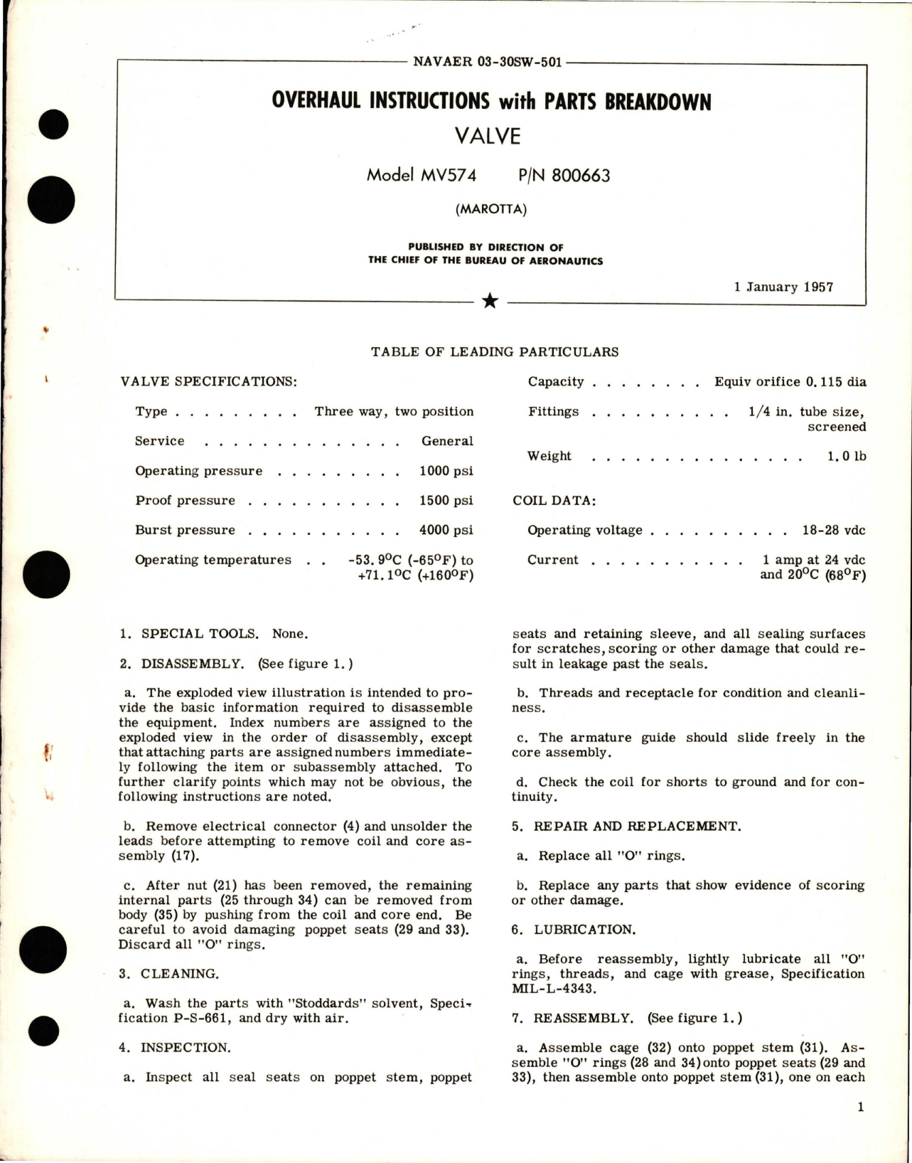 Sample page 1 from AirCorps Library document: Overhaul Instructions with Parts Breakdown for Valve - Model MV574 - Part 800663