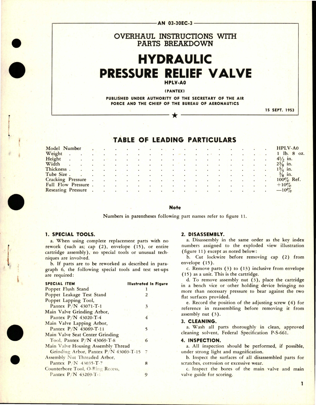 Sample page 1 from AirCorps Library document: Overhaul Instructions with Parts Breakdown for Hydraulic Pressure Relief Valve - HPLV-A0