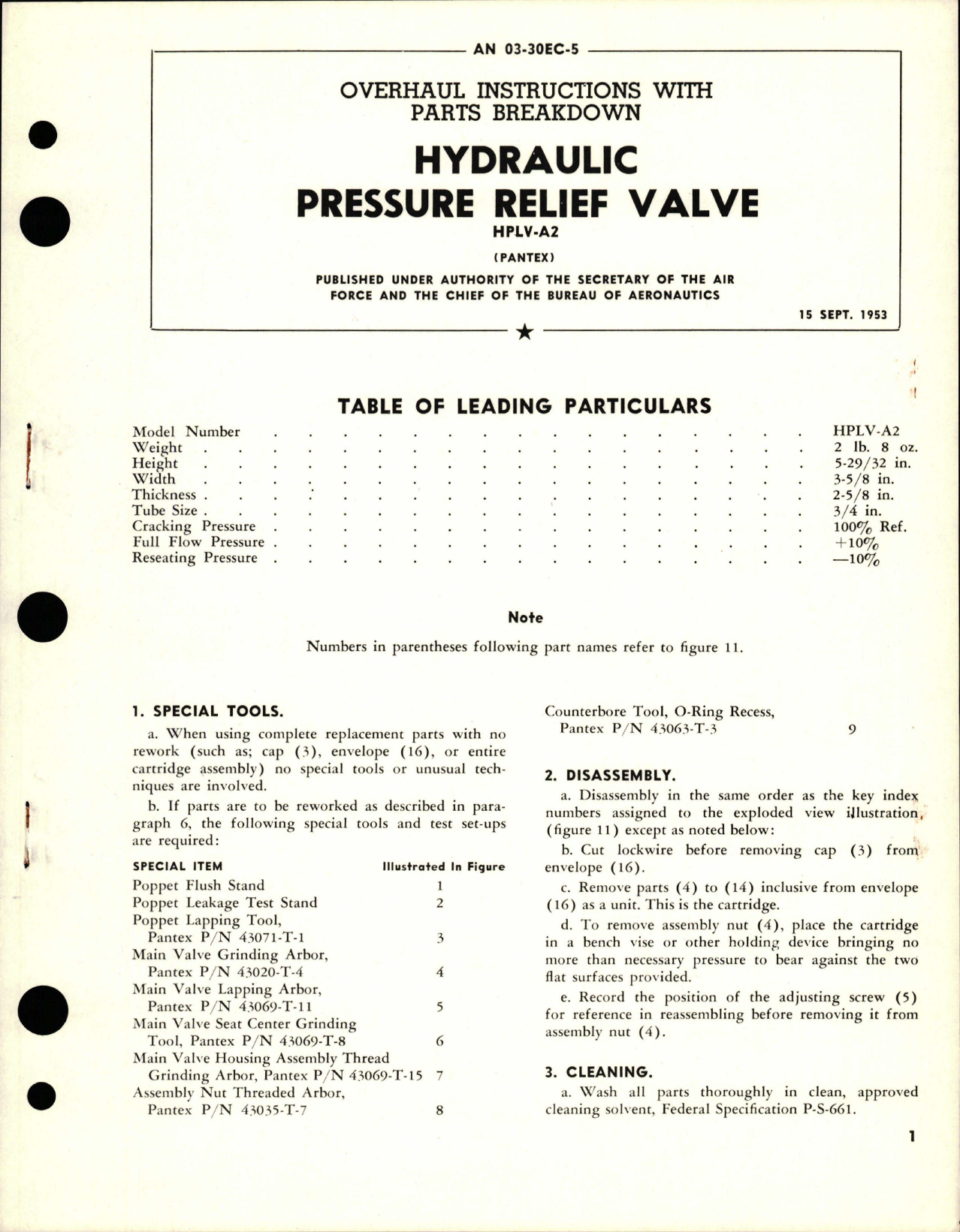 Sample page 1 from AirCorps Library document: Overhaul Instructions with Parts Breakdown for Hydraulic Pressure Relief Valve - HPLV-A2