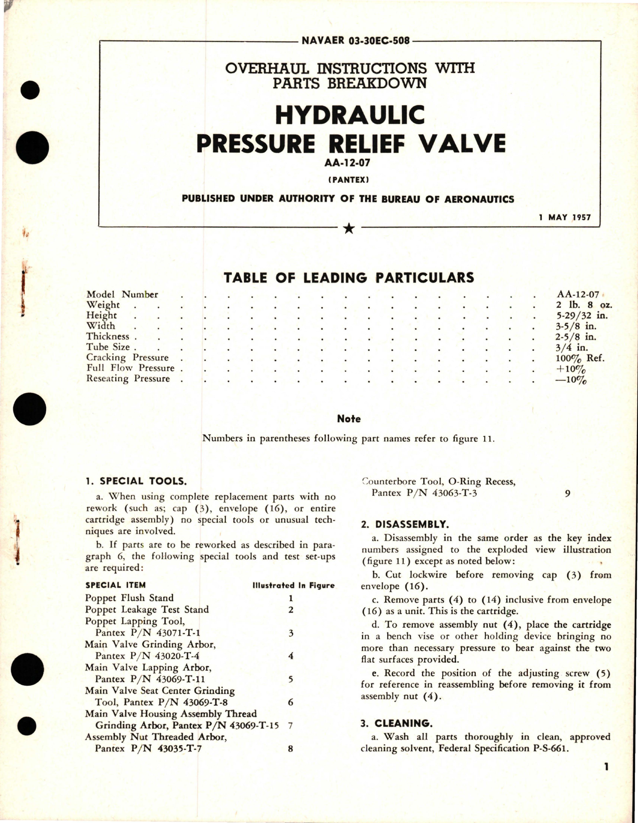 Sample page 1 from AirCorps Library document: Overhaul Instructions with Parts Breakdown for Hydraulic Pressure Relief Valve - AA-12-07