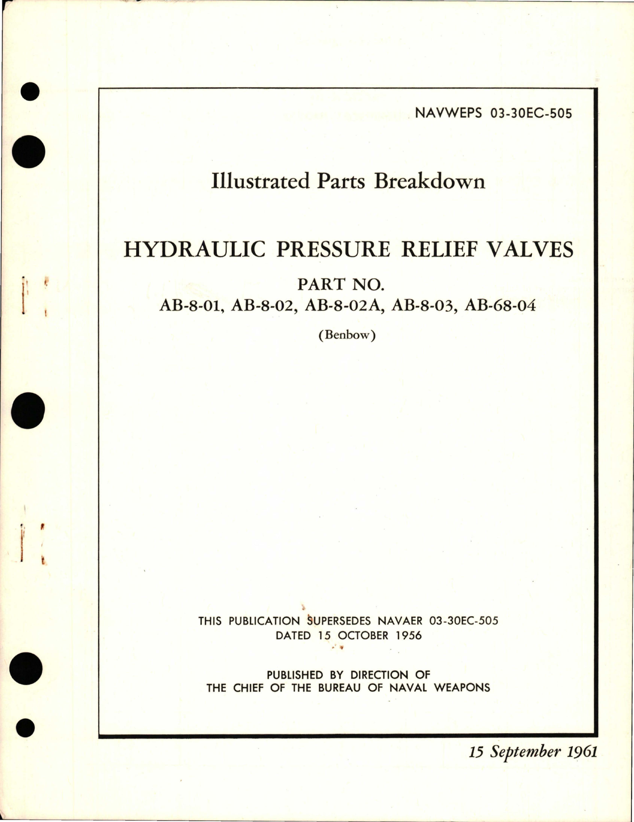 Sample page 1 from AirCorps Library document: Illustrated Parts Breakdown for Hydraulic Pressure Relief Valves - Parts AB-8-01, AB-8-02, AB-8-02A, AB-8-03, and AB-68-04