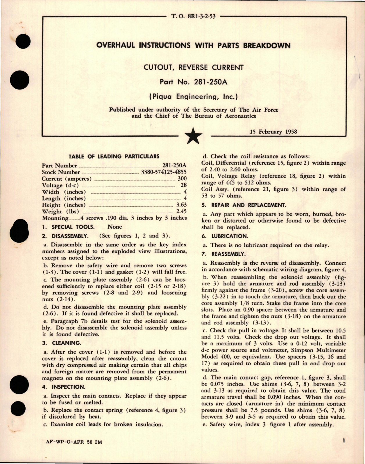 Sample page 1 from AirCorps Library document: Overhaul Instructions with Parts Breakdown for Reverse Current Cutout - Part 281-250A