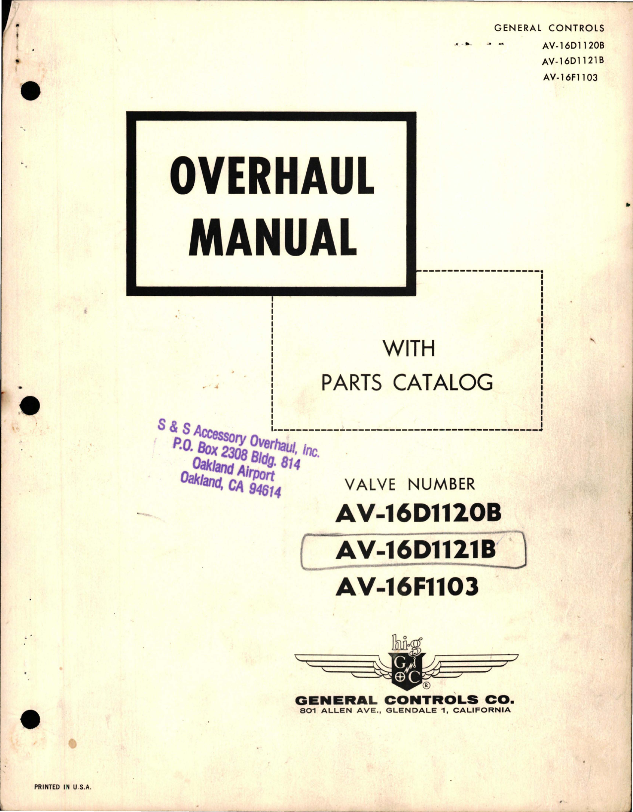 Sample page 1 from AirCorps Library document: Overhaul Manual with Parts Catalog for Manually Operated Rotary Plug Valve - AV-16D1120B, AV-16D1121B, and AV-16F1103