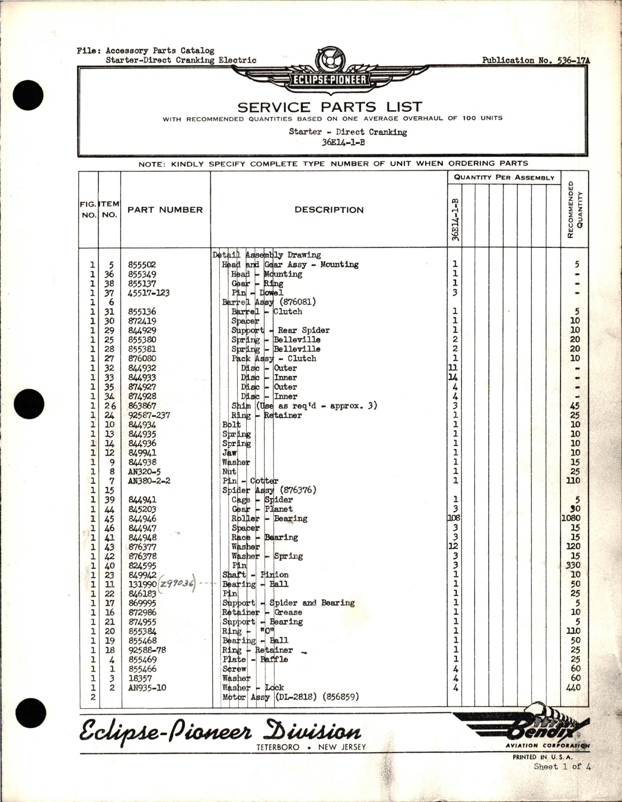 Sample page 1 from AirCorps Library document: Service Parts List for Direct-Cranking Starter - 36E14-1-B