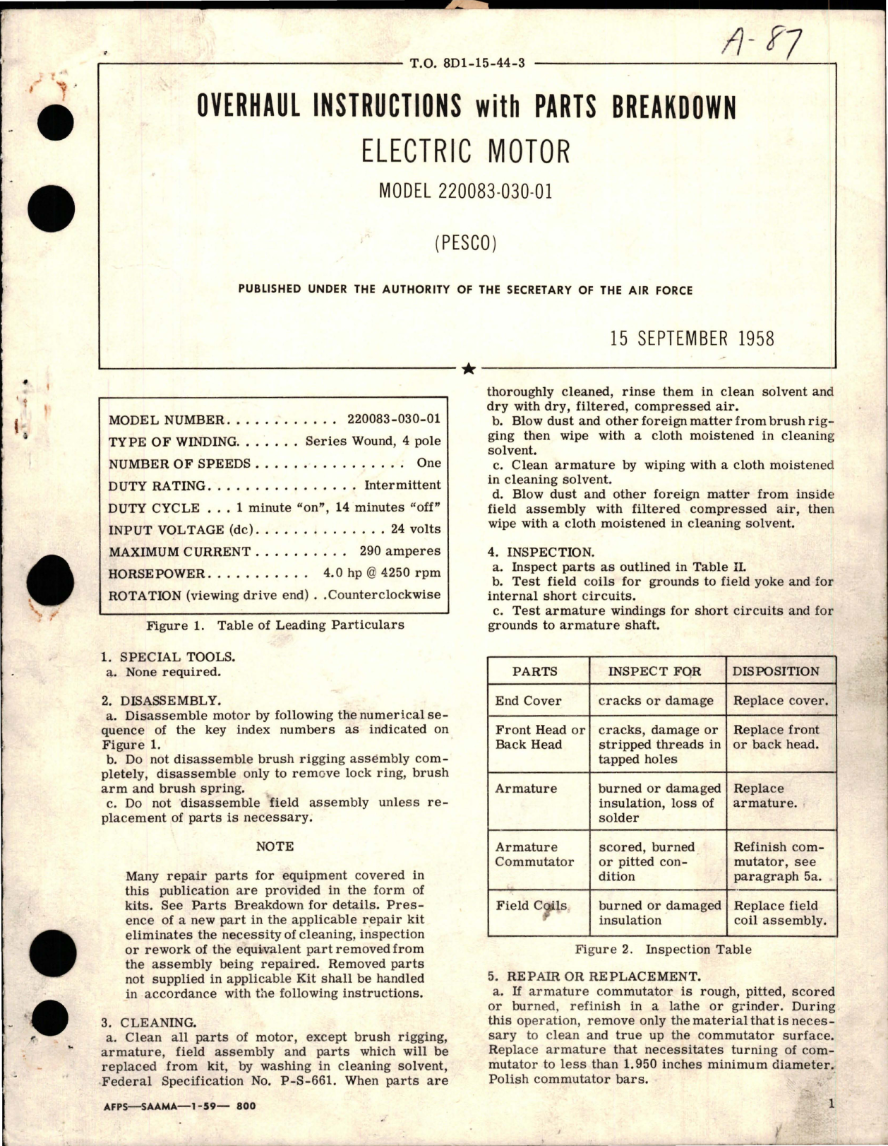 Sample page 1 from AirCorps Library document: Overhaul Instructions with Parts Breakdown for Electric Motor - Model 220083-030-01