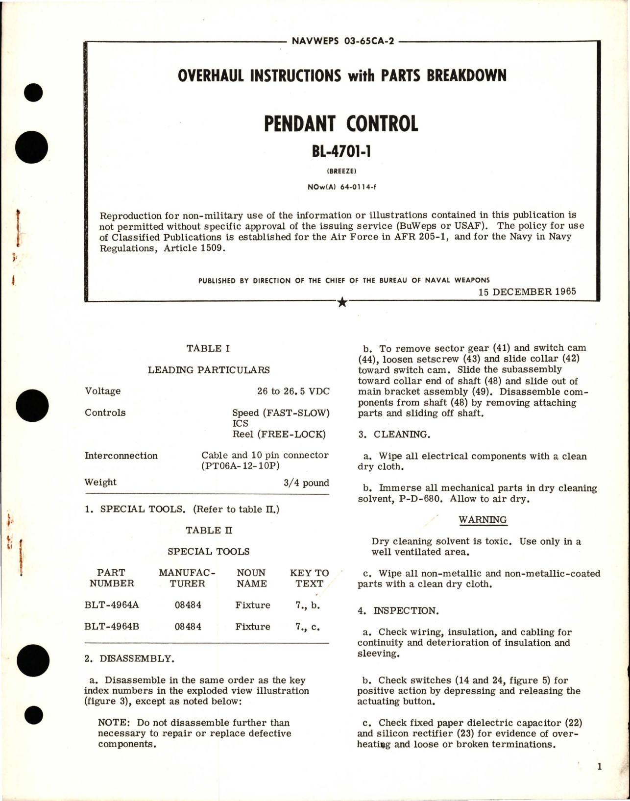 Sample page 1 from AirCorps Library document: Overhaul Instructions with Parts Breakdown for Pendant Control - BL-4701-1