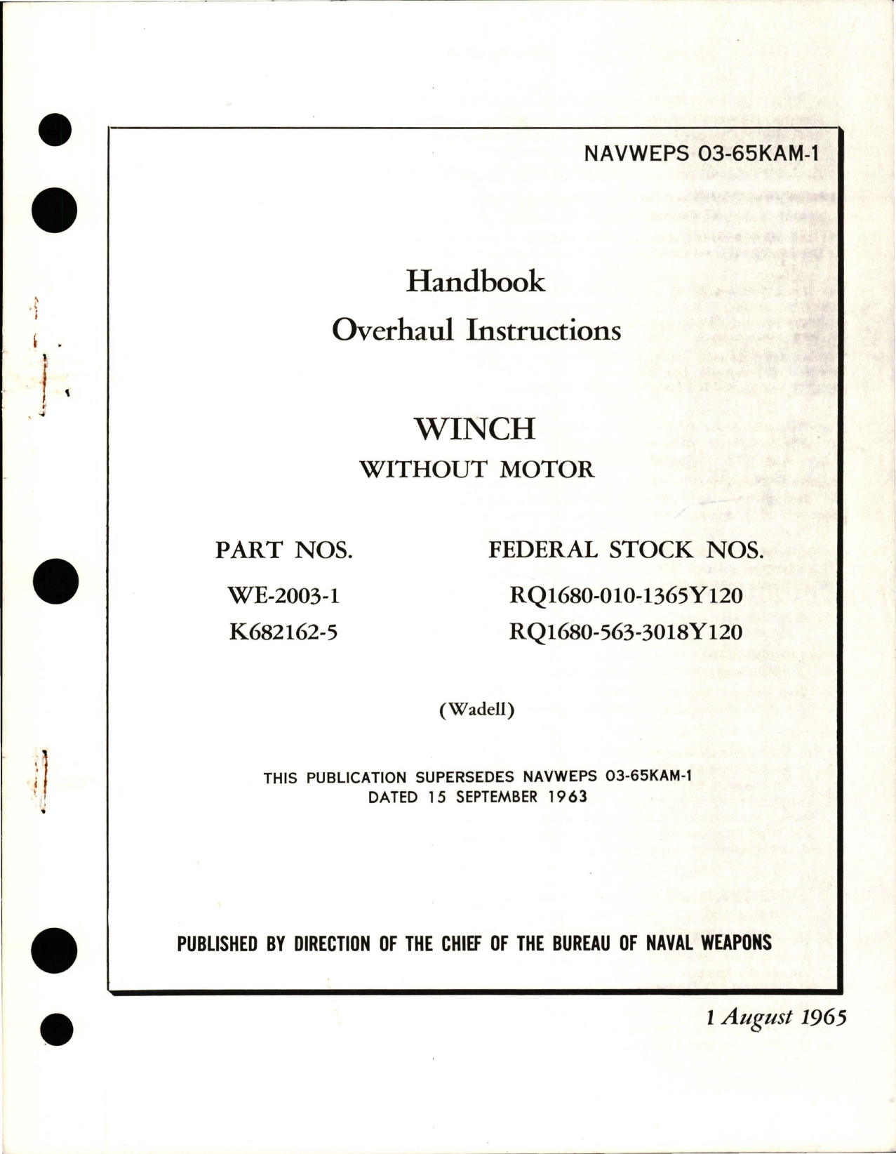 Sample page 1 from AirCorps Library document: Overhaul Instructions for Winch without Motor - Parts WE-2003-1 and K682162-5