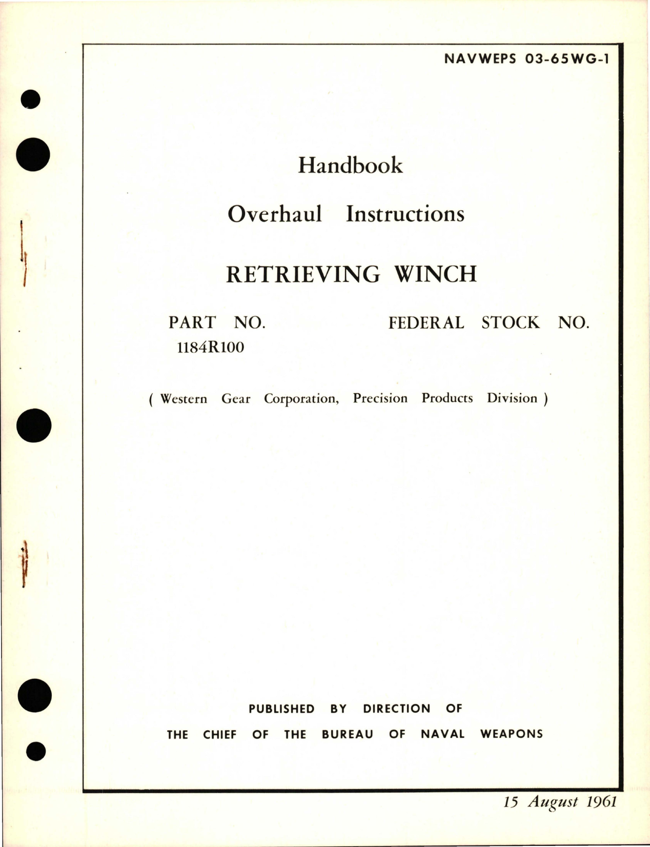 Sample page 1 from AirCorps Library document: Overhaul Instructions for Retrieving Winch - Parts 1184R100