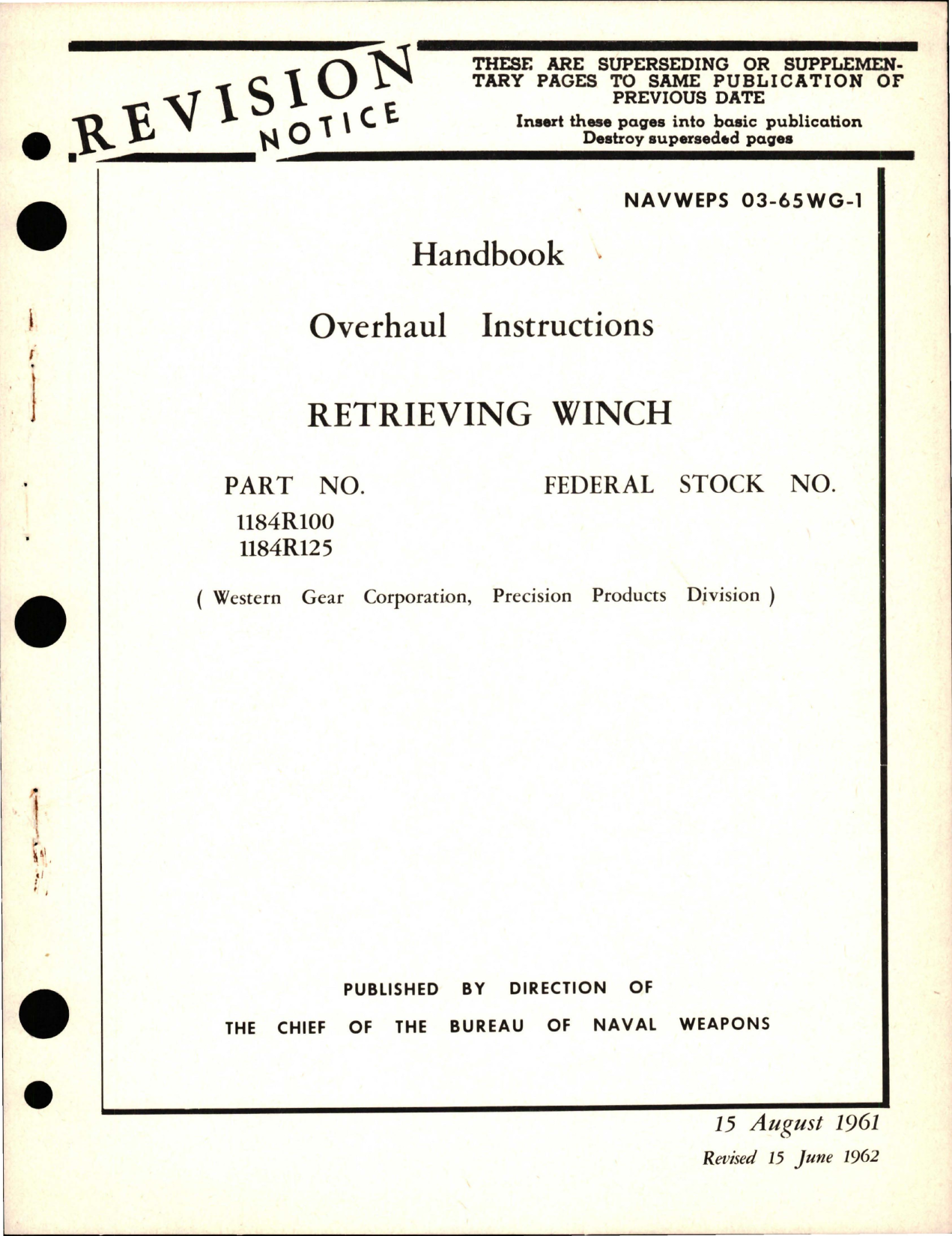 Sample page 1 from AirCorps Library document: Overhaul Instructions for Retrieving Winch - Parts 1184R100 and 1184R125 