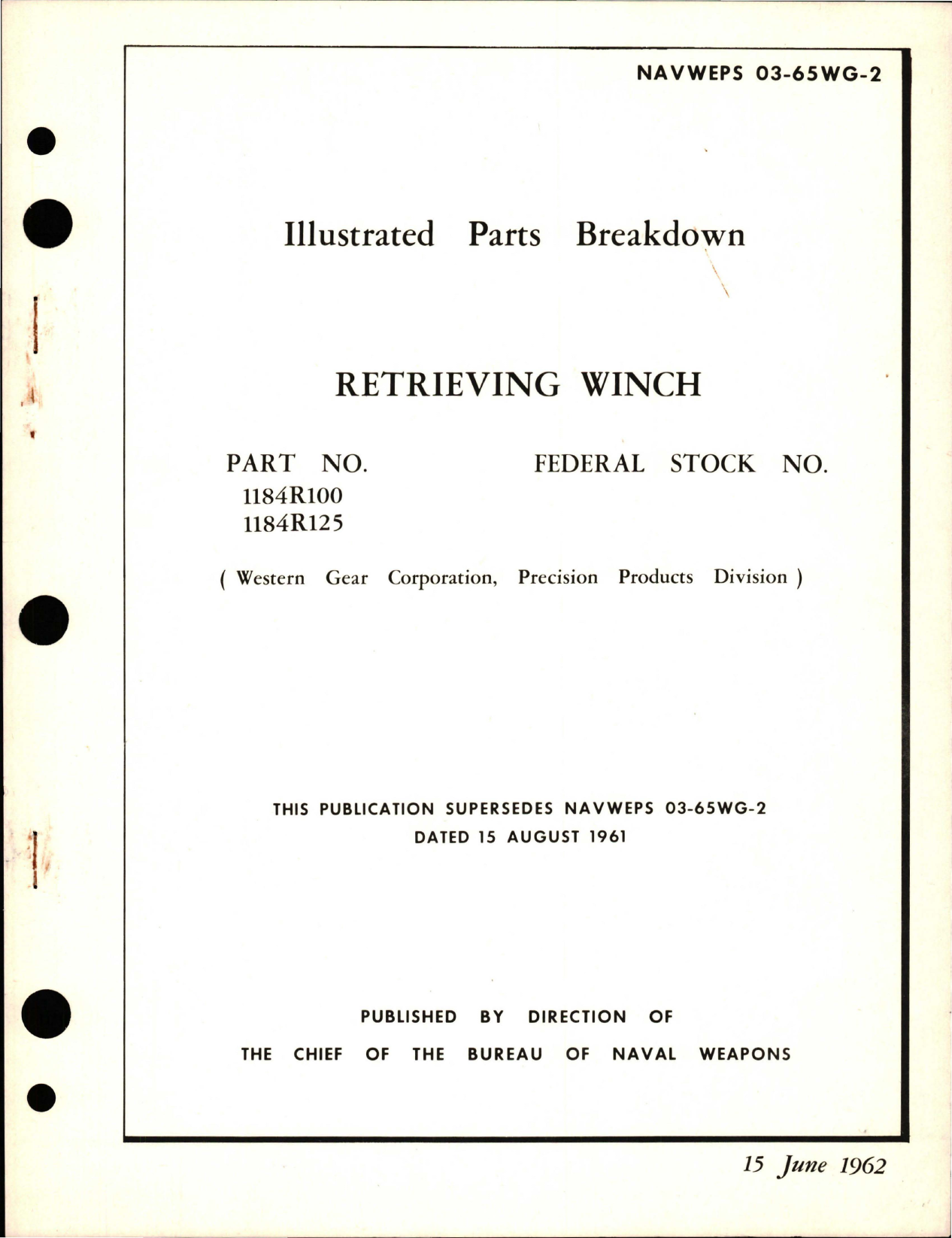 Sample page 1 from AirCorps Library document: Illustrated Parts Breakdown for Retrieving Winch - Part 1184R100 and 1184R125 