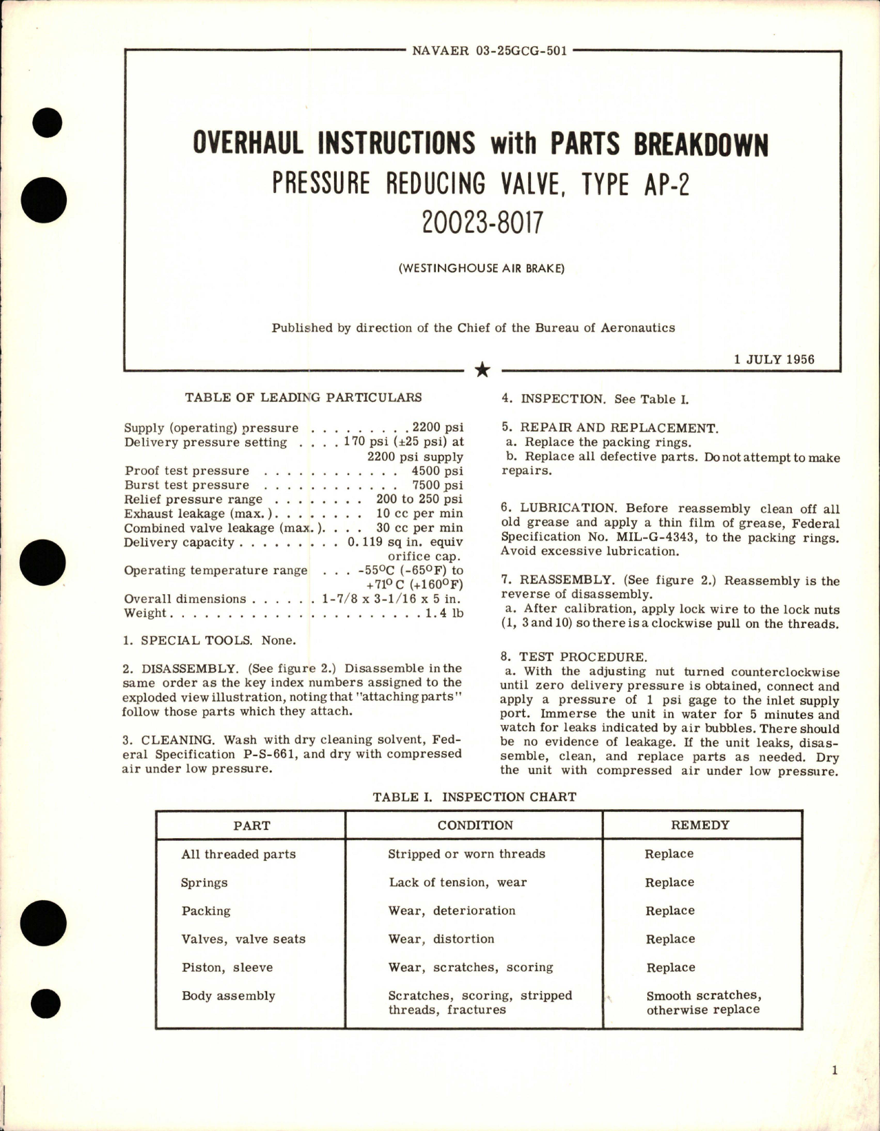 Sample page 1 from AirCorps Library document: Overhaul Instructions with Parts Breakdown for Type AP-2 Pressure Reducing Valve - 20023-8017