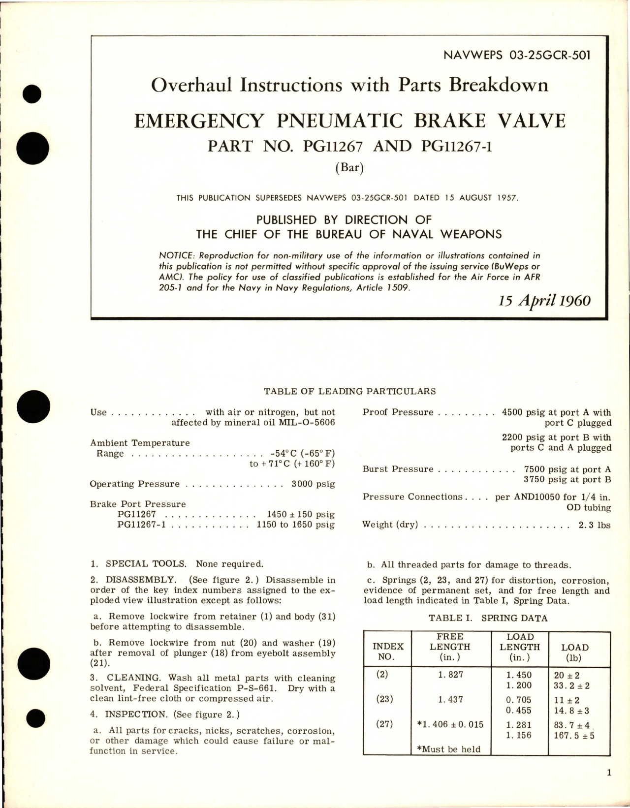 Sample page 1 from AirCorps Library document: Overhaul Instructions with Parts Breakdown for Emergency Pneumatic Brake Valve - Parts PG11267 and PG11267-1 