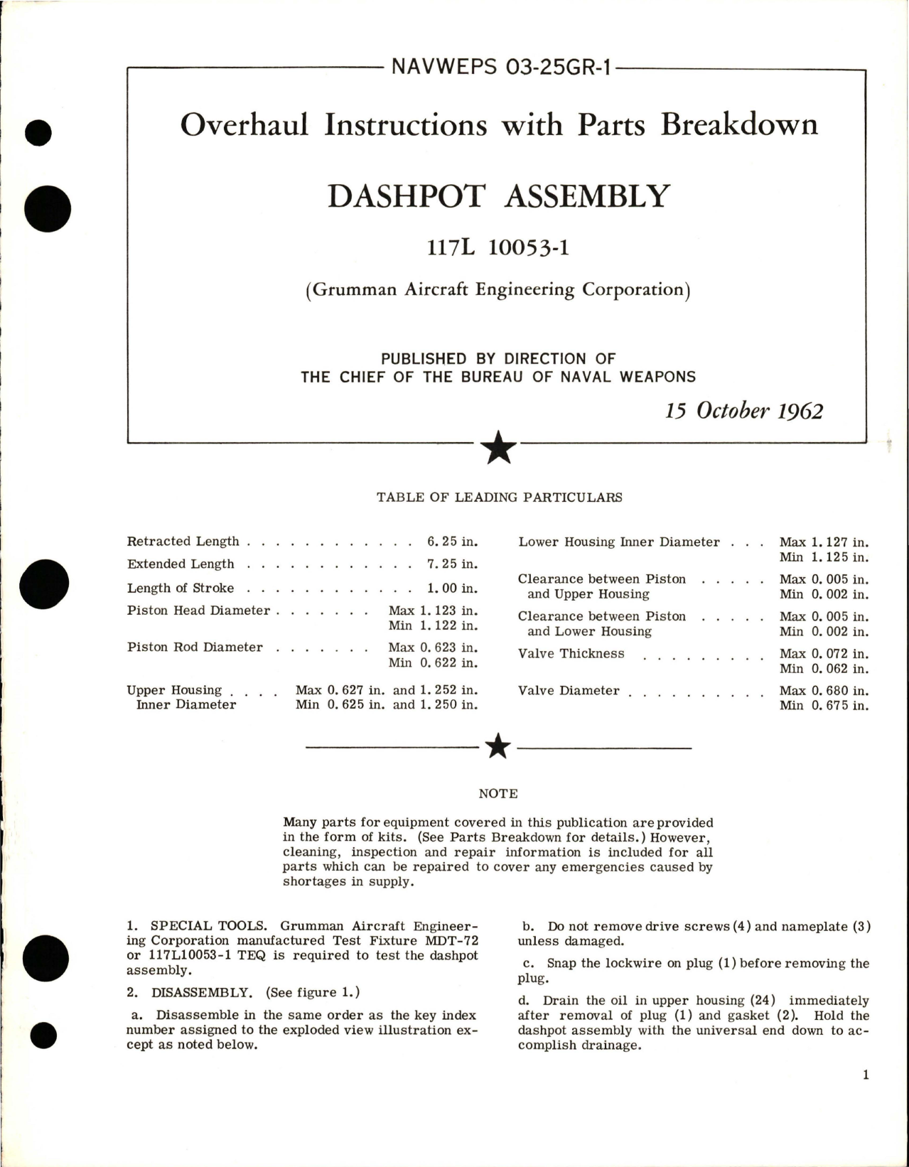 Sample page 1 from AirCorps Library document: Overhaul Instructions with Parts Breakdown for Dashpot Assembly - 117L 10053-1