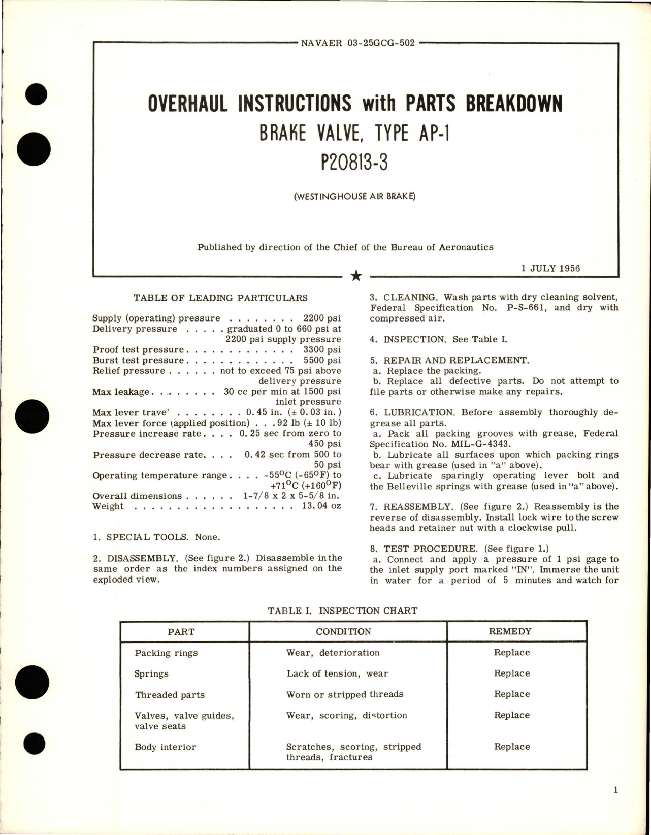 Sample page 1 from AirCorps Library document: Overhaul Instructions with Parts Breakdown for Type AP-1 Brake Valve - P20813-3