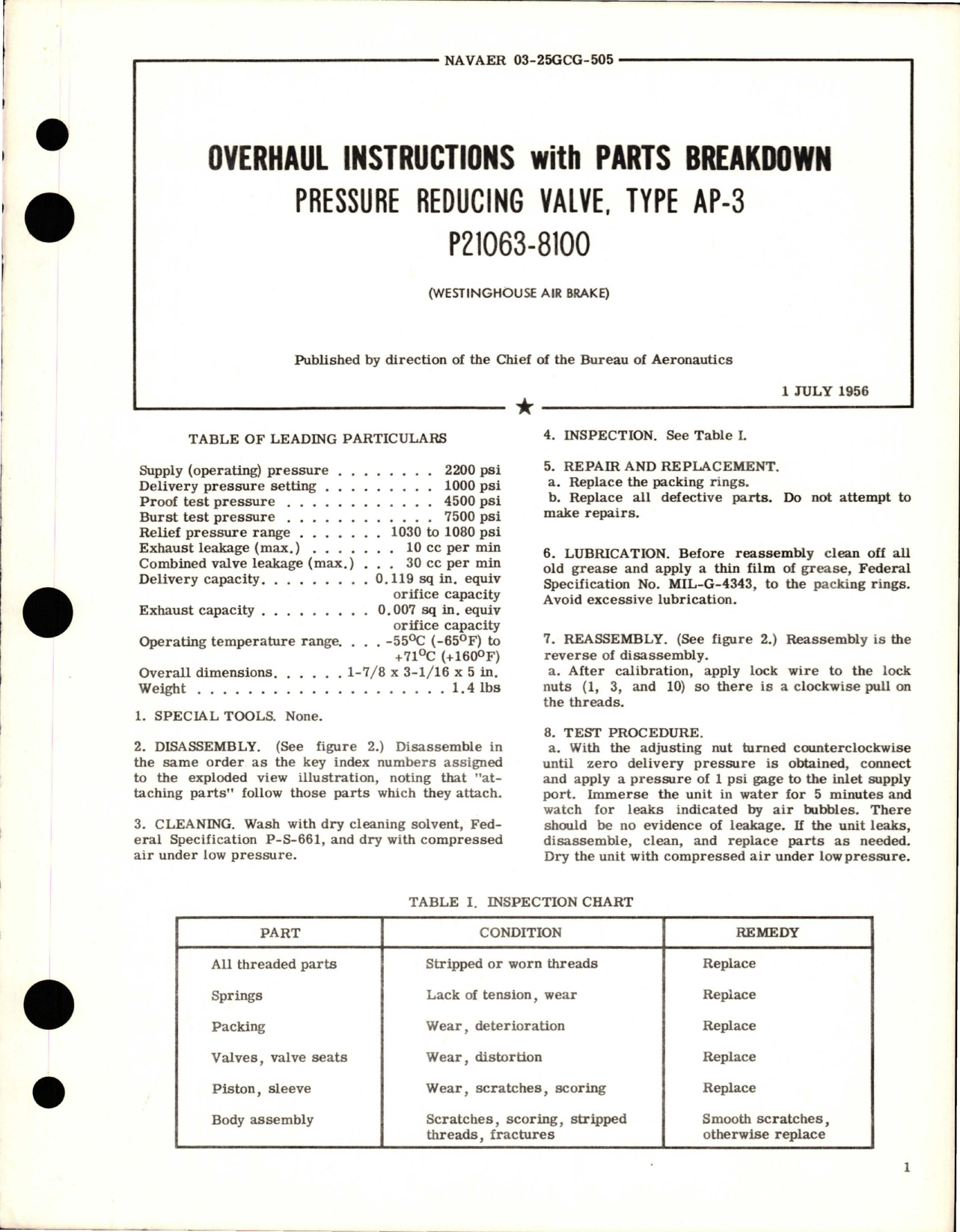 Sample page 1 from AirCorps Library document: Overhaul Instructions with Parts Breakdown for Type AP-3 Pressure Reducing Valve - P21063-8100