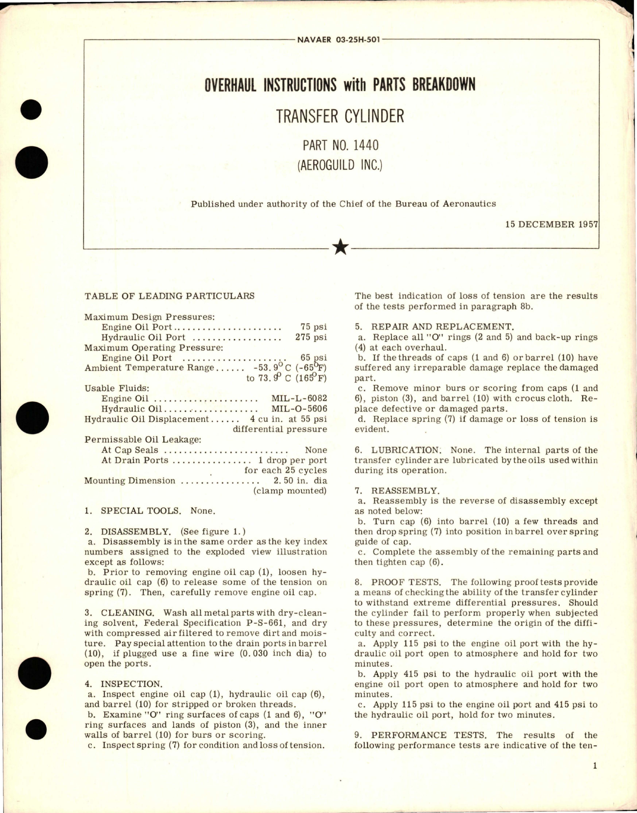 Sample page 1 from AirCorps Library document: Overhaul Instructions with Parts Breakdown for Transfer Cylinder - Part 1440