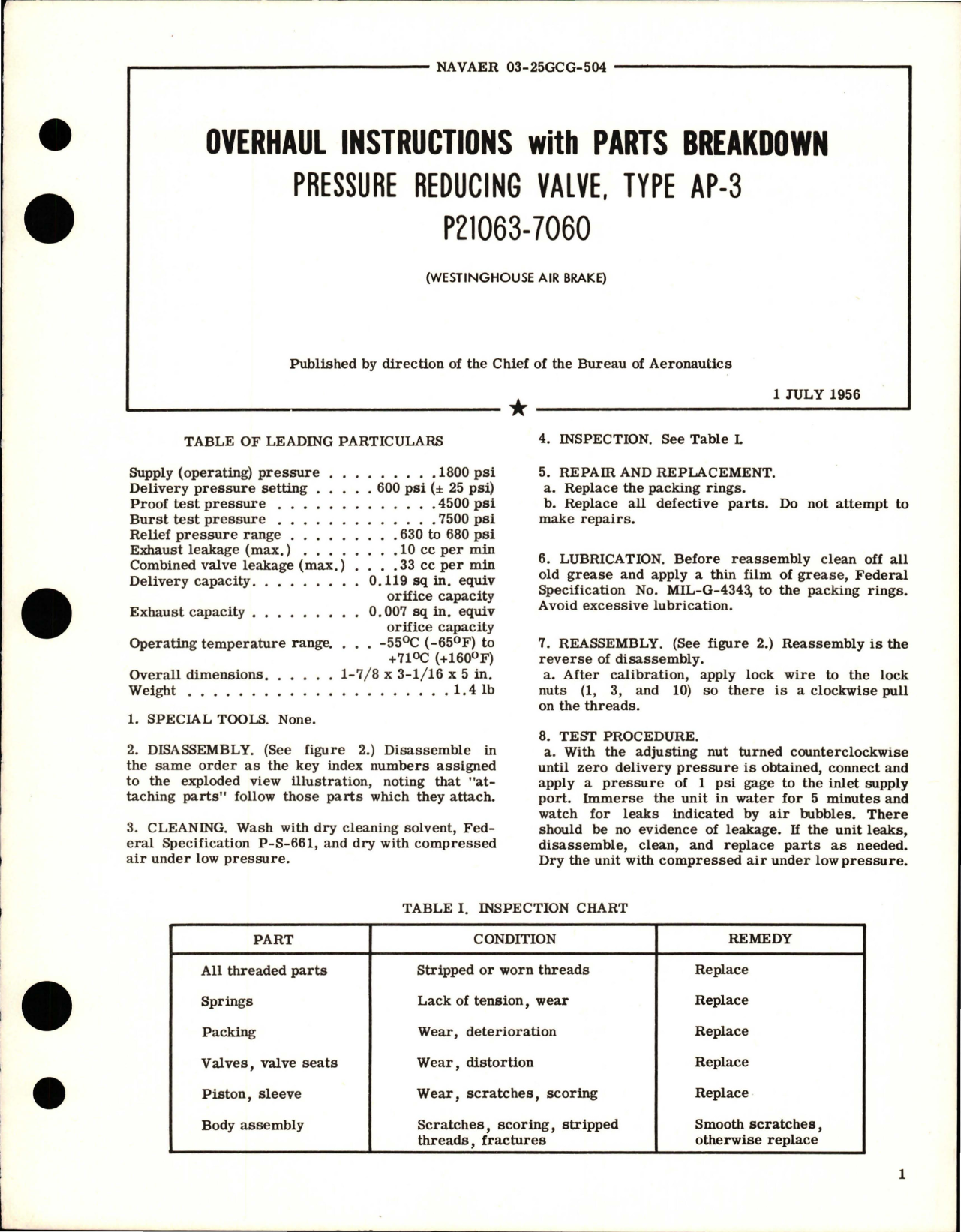 Sample page 1 from AirCorps Library document: Overhaul Instructions with Parts Breakdown for Type AP-3 Pressure Reducing Valve - P21063-7060
