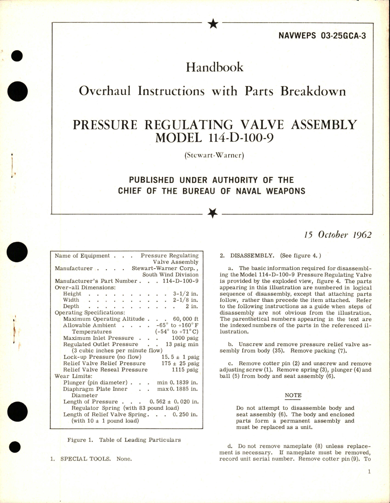 Sample page 1 from AirCorps Library document: Overhaul Instructions with Parts Breakdown for Pressure Regulating Valve Assembly - Model 114-D-100-9 