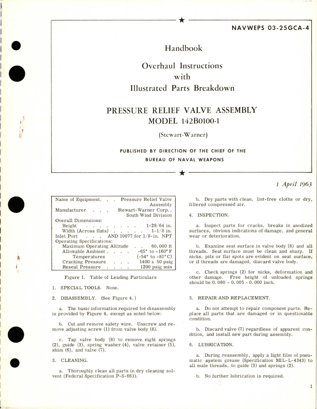 Sample page 1 from AirCorps Library document: Overhaul Instructions with Parts Breakdown for Pressure Relief Valve Assembly - Model 142B0100-1