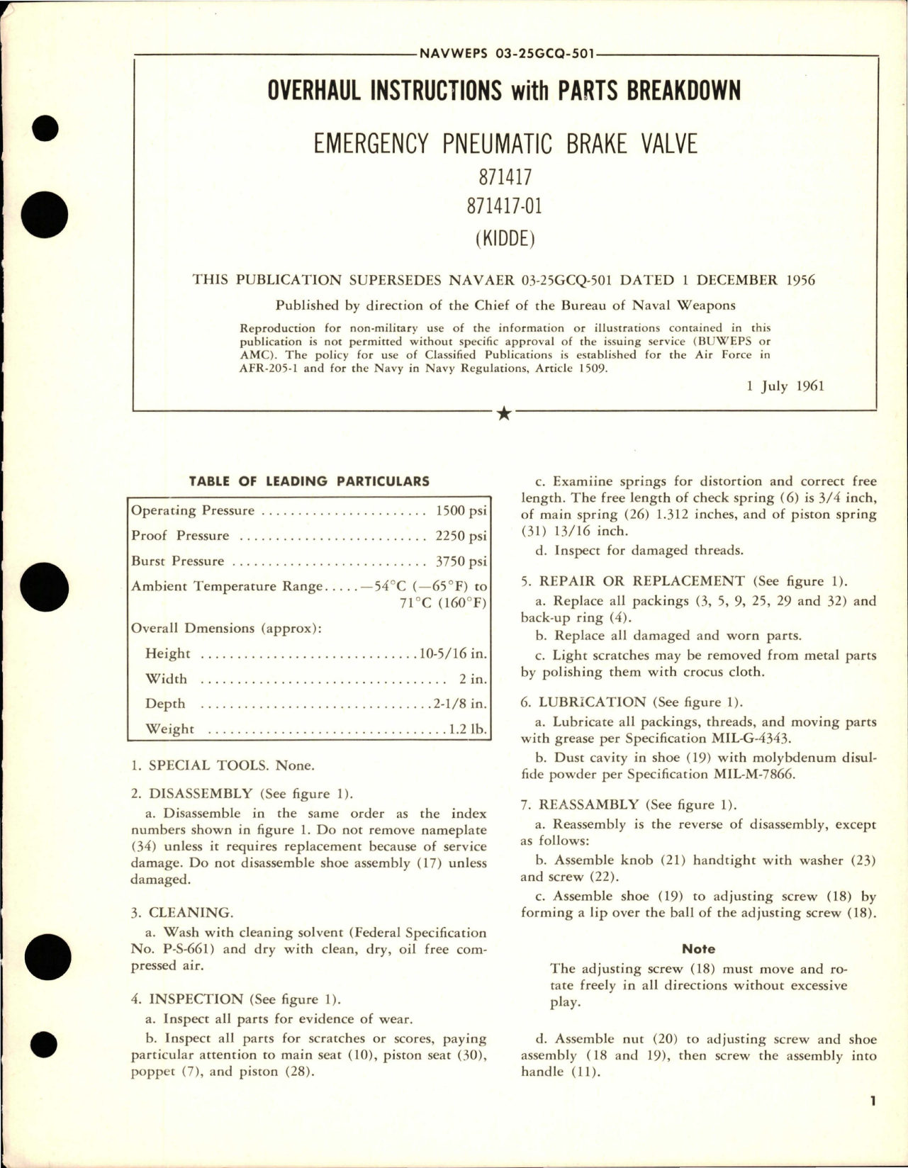 Sample page 1 from AirCorps Library document: Overhaul Instructions with Parts Breakdown for Emergency Pneumatic Brake Valve - 871417 and 871417-01