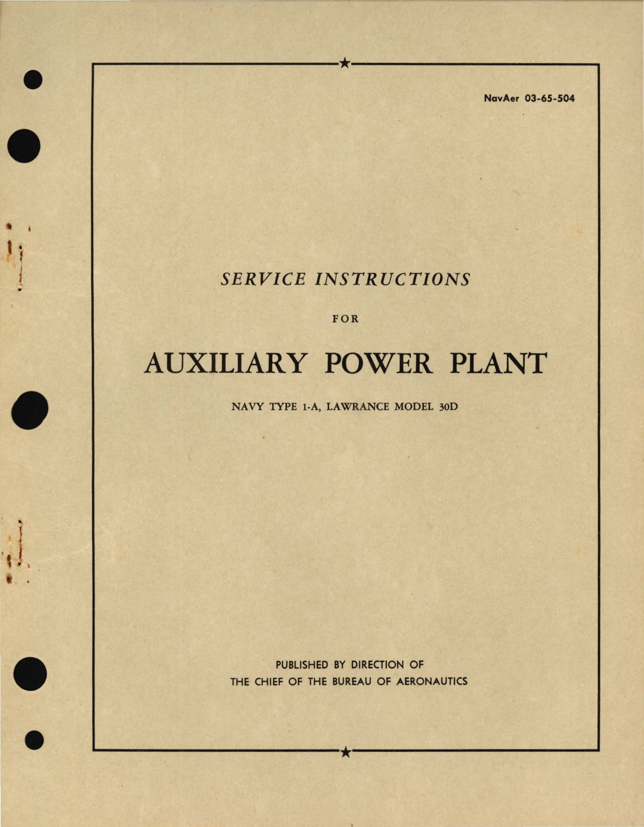 Sample page 1 from AirCorps Library document: Service Instructions for Auxiliary Power Plant Navy Type 1-A, Lawrance Model 30D 