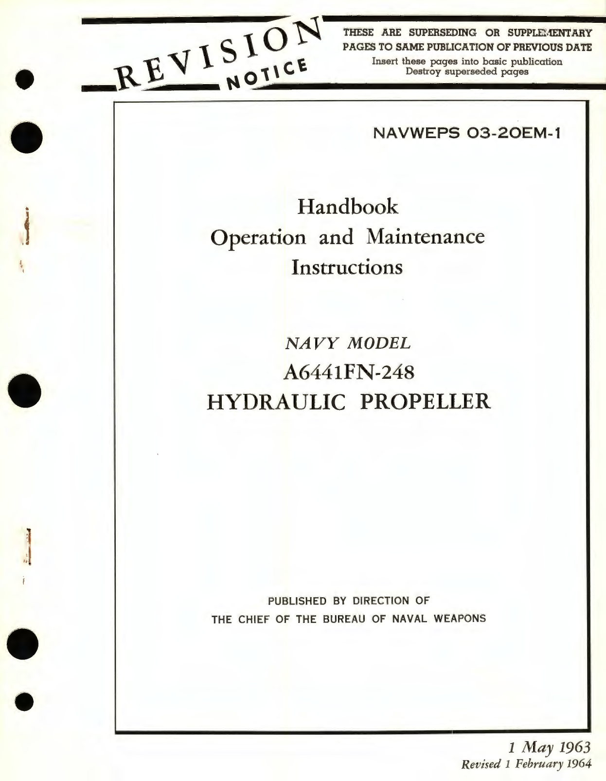 Sample page 1 from AirCorps Library document: Operation and Maintenance Instructions for Navy Model A6441FN-248 Hydraulic Propeller