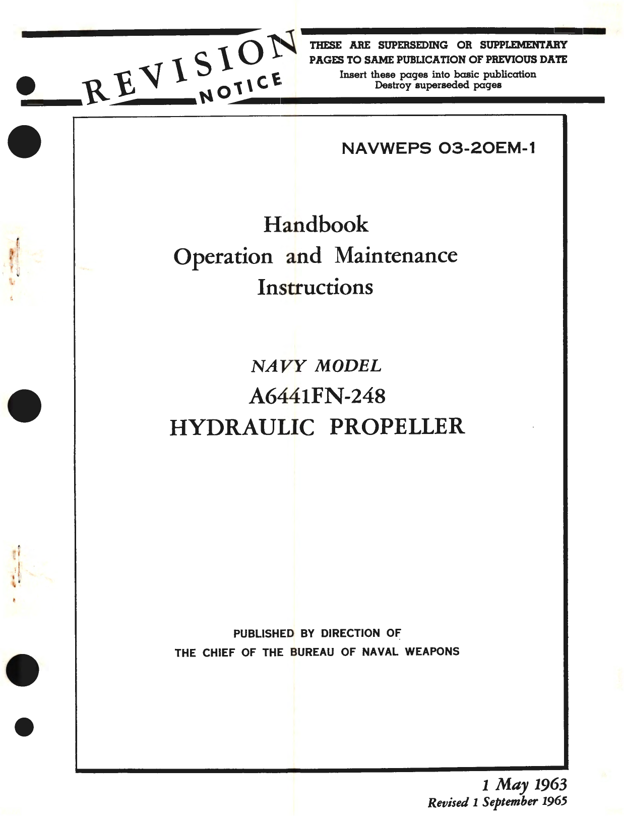 Sample page 1 from AirCorps Library document: Operation and Maintenance Instructions for Navy Model A6441FN-248 Hydraulic Propeller