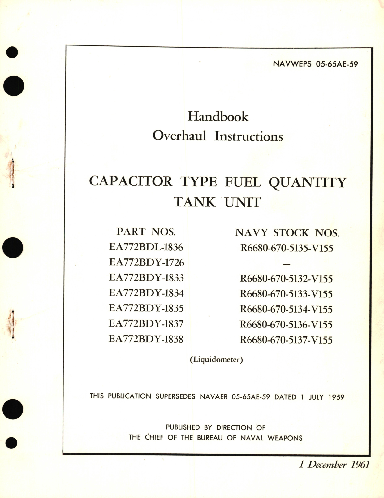 Sample page 1 from AirCorps Library document: Overhaul Instructions for Capacitor Fuel Quantity, Tank Unit, Part No. EA772BDL and EA772BDY