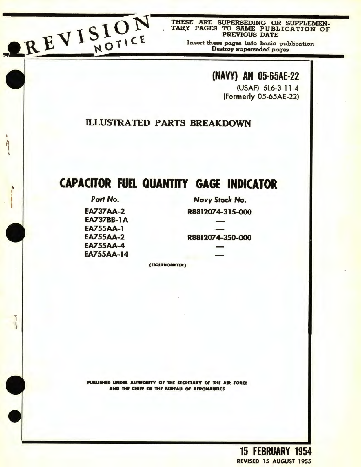 Sample page 1 from AirCorps Library document: Illustrated Parts Breakdown for Capacitor Fuel Quantity Gage Indicator Parts No. EA737AA, EA737BB, EA755AA