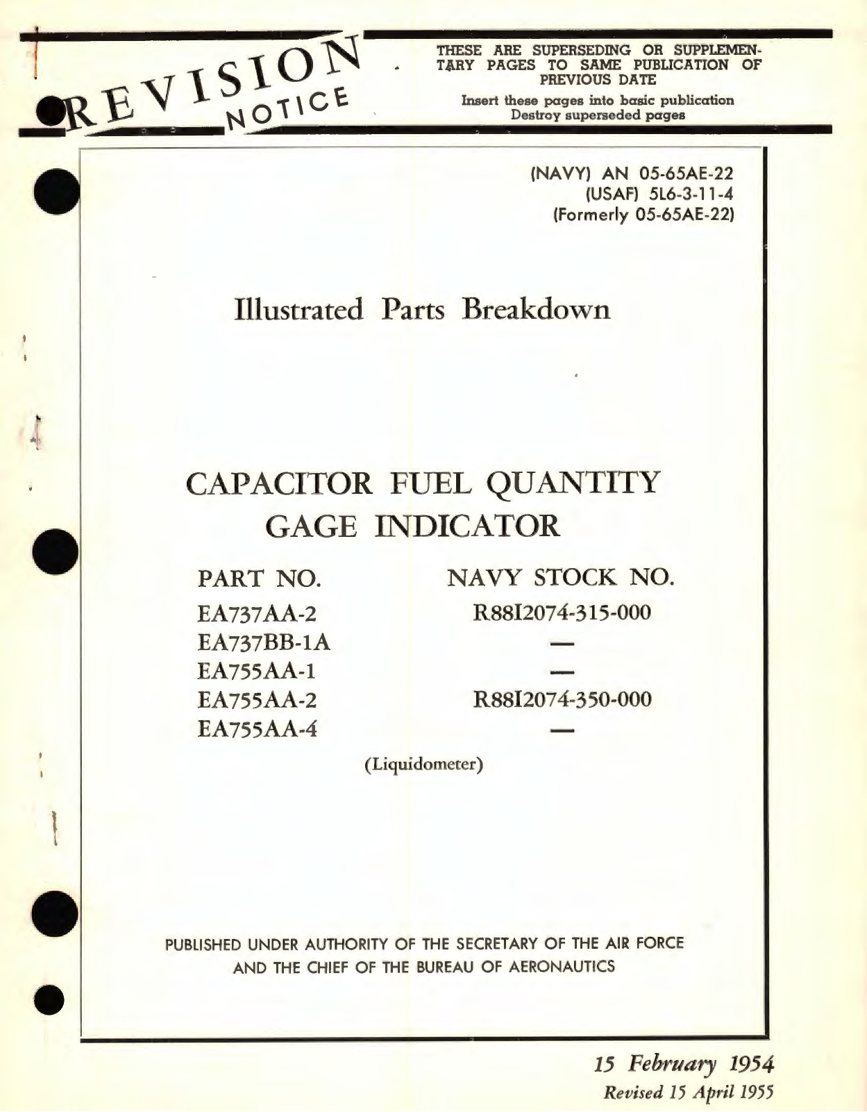 Sample page 1 from AirCorps Library document: Illustrated Parts Breakdown for Capacitor Fuel Quantity Gage Indicator, Part No. EA737AA, EA737BB, EA755AA