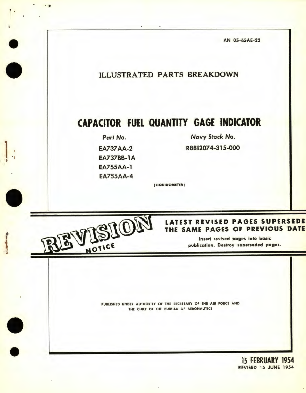 Sample page 1 from AirCorps Library document: Illustrated Parts Breakdown for Capacitor Fuel Quantity Gage Indicator Part No. EA737AA, EA737BB, EA755AA