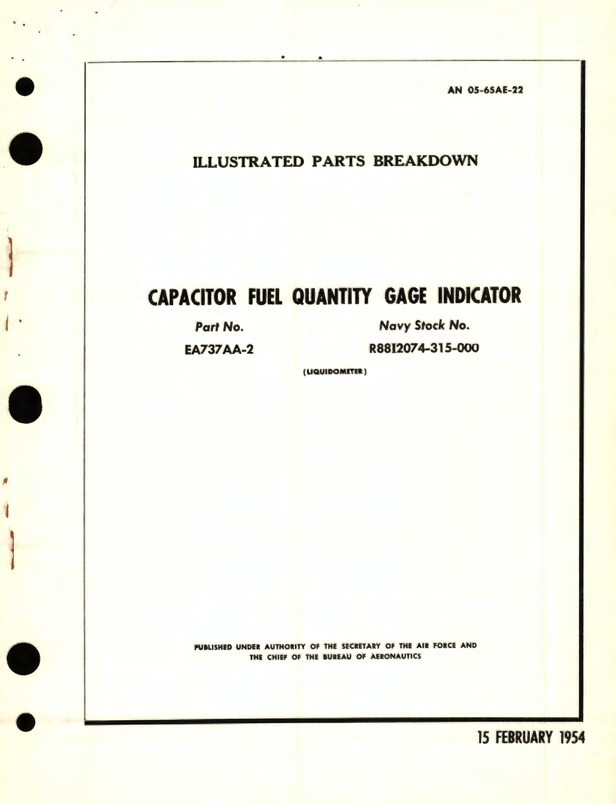 Sample page 1 from AirCorps Library document: Illustrated Parts Breakdown for Capacitor Fuel Quantity Gage Indicator Part No. EA737AA-2