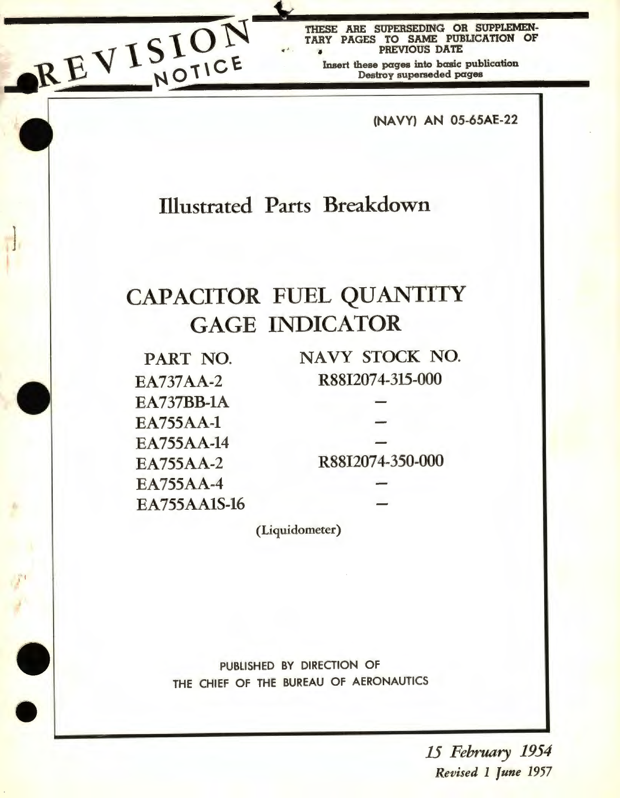 Sample page 1 from AirCorps Library document: Illustrated Parts Breakdown for Capacitor Fuel Quantity Gage Indicator Part No. EA737AA, EA737BB, EA755AA