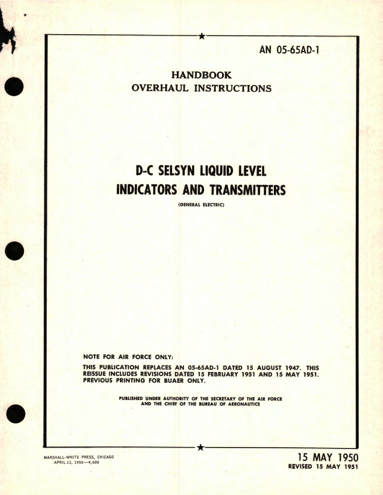 Sample page 1 from AirCorps Library document: Overhaul Instructions for D-C Selsyn Liquid Level Indicators and Transmitters 