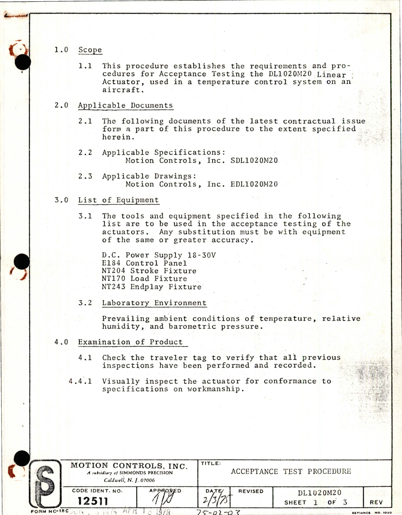 Sample page 1 from AirCorps Library document: Acceptance Test Procedure for Linear Actuator Temperature Control System - DL1020M20