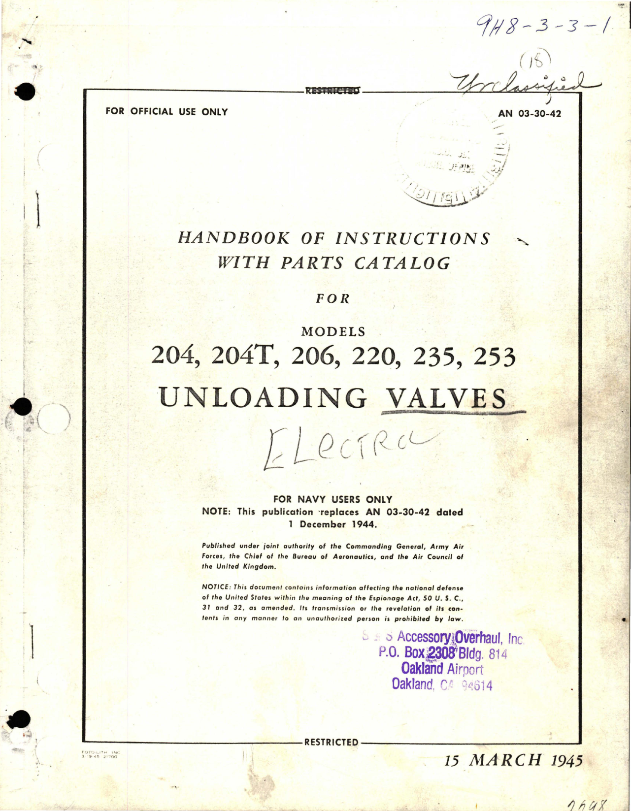 Sample page 1 from AirCorps Library document: Instructions with Parts Catalog for Unloading Valves - 204, 204T, 206, 220, 235, and 253