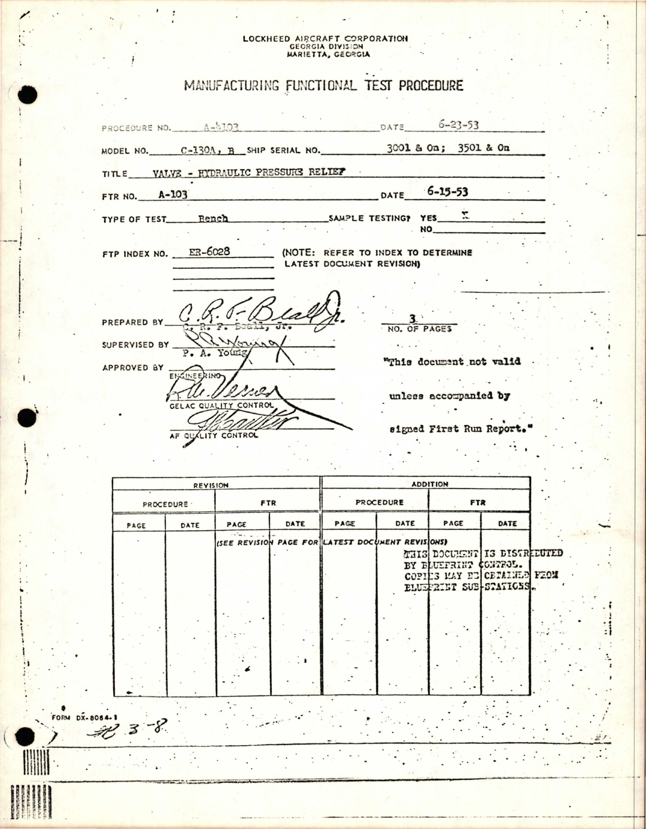 Sample page 1 from AirCorps Library document: Functional Test Procedure for Hydraulic Pressure Relief Valve - C-130A and C-130B