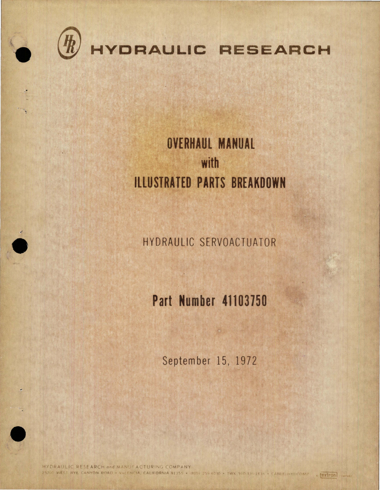 Sample page 1 from AirCorps Library document: Overhaul Manual with Illustrated Parts Breakdown for Hydraulic Servoactuator - Part 41103750