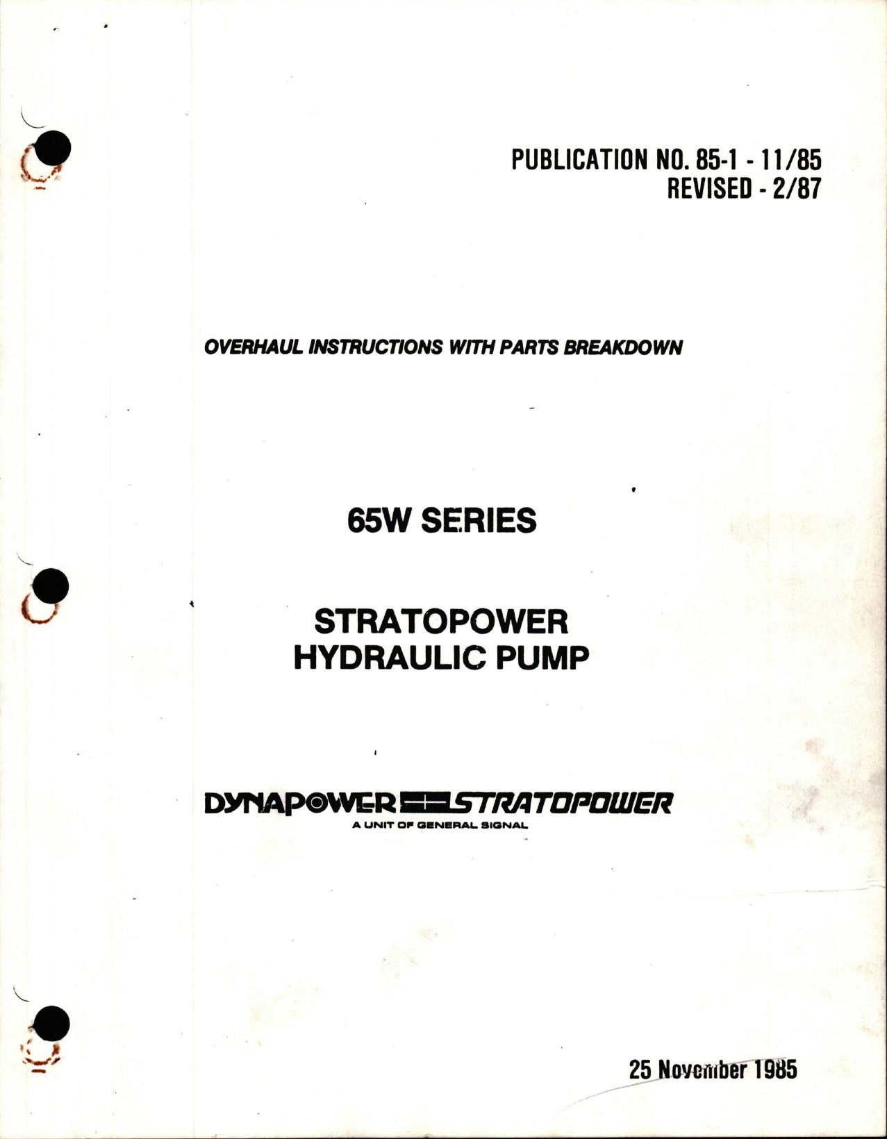 Sample page 1 from AirCorps Library document: Overhaul Instructions with Parts Breakdown for Stratopower Hydraulic Pump 65W Series