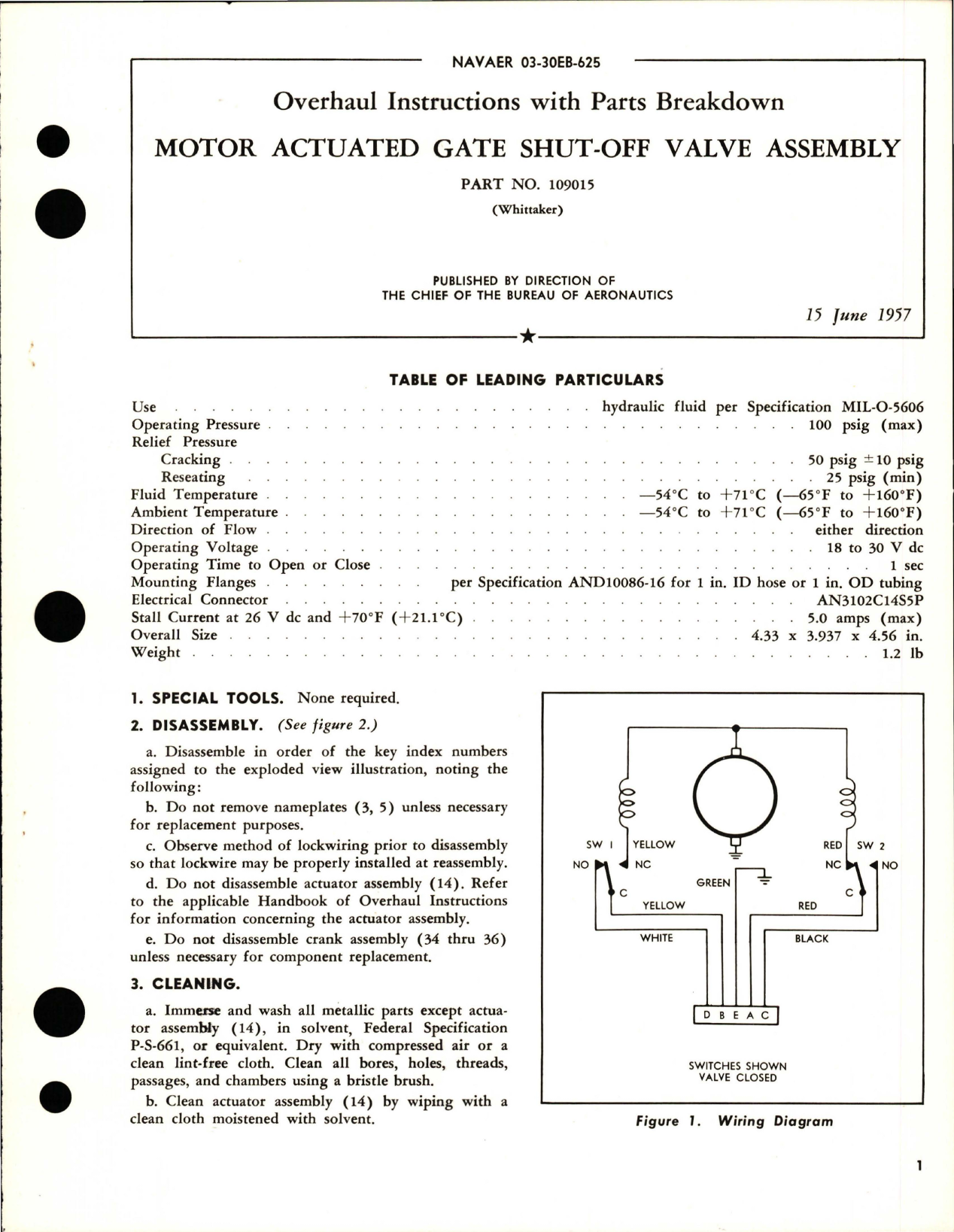 Sample page 1 from AirCorps Library document: Overhaul Instructions with Parts Breakdown for Motor Actuated Gate Shut-Off Valve Assembly - Part 109015 